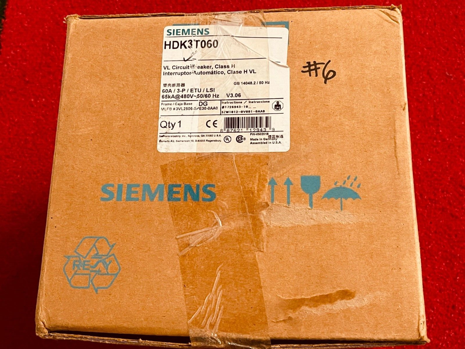 Siemens HDK3T060 3VL2506-2PE30-0AA0 VL150 MCCB 60A 3-Pole 65kA 480V LSI