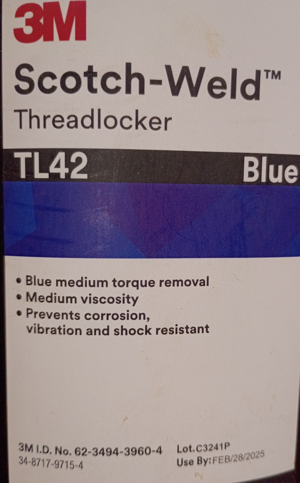 3M™ Scotch-Weld™ Threadlocker TL42 Blue, 8.45 fl oz/250 mL Bottle Exp 2/28/25