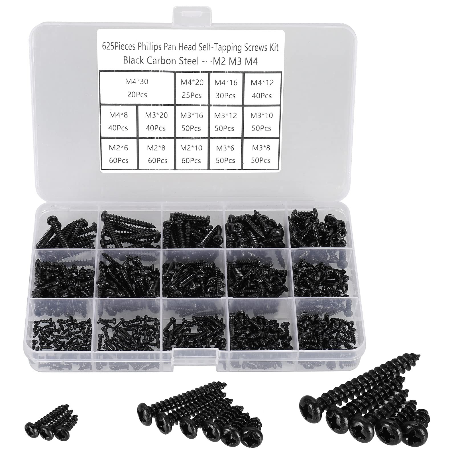 625pcs M2-M4 Phillips Pan Head Self-Tapping Screws Assortment Kit Black