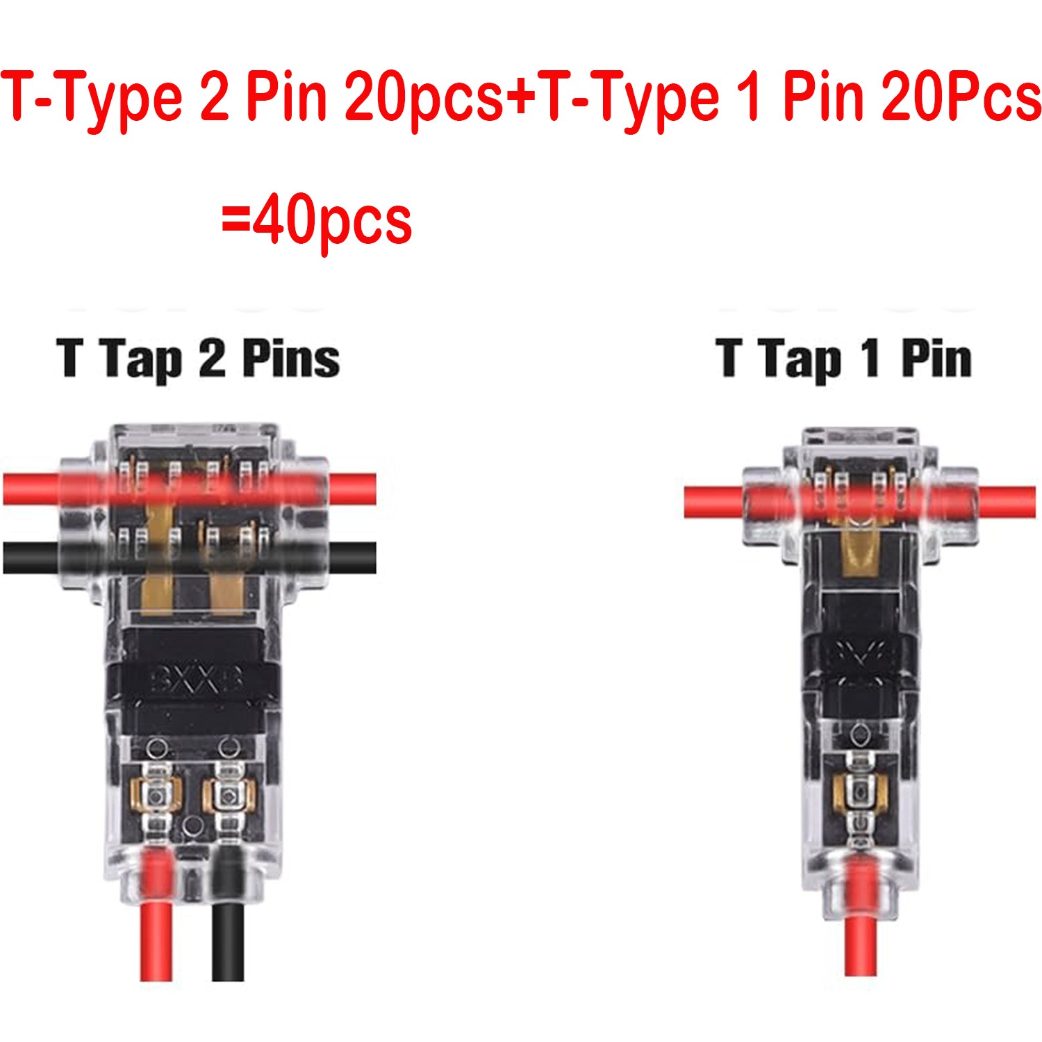 40PC 2-Pin+1-Pin T-Tap Wire Connectors,Clear,Solderless 3-Way AWG 24–20/18