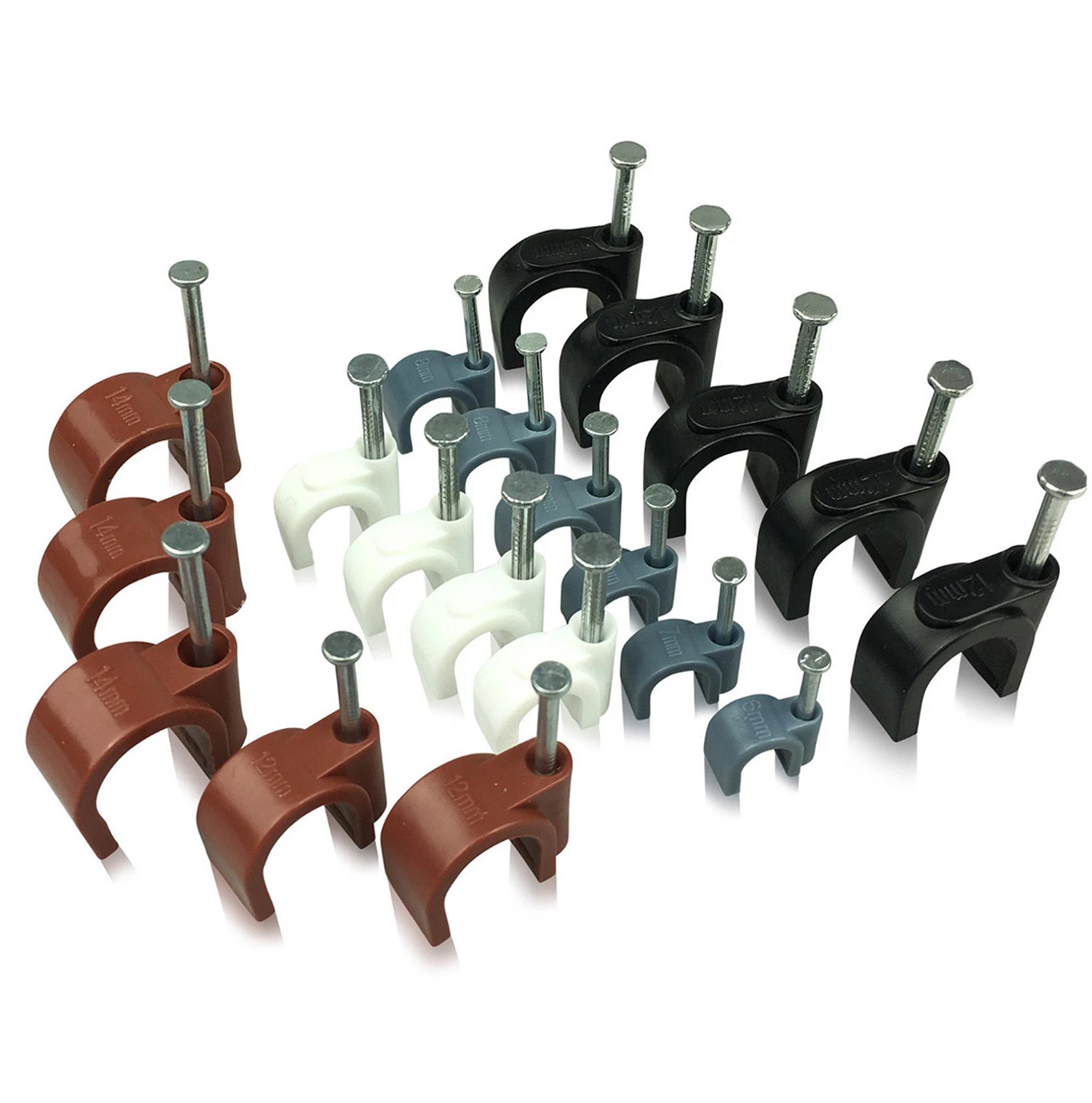 Round White & Black & Gray Cable Clips 4mm – 25mm with Fixing Nails