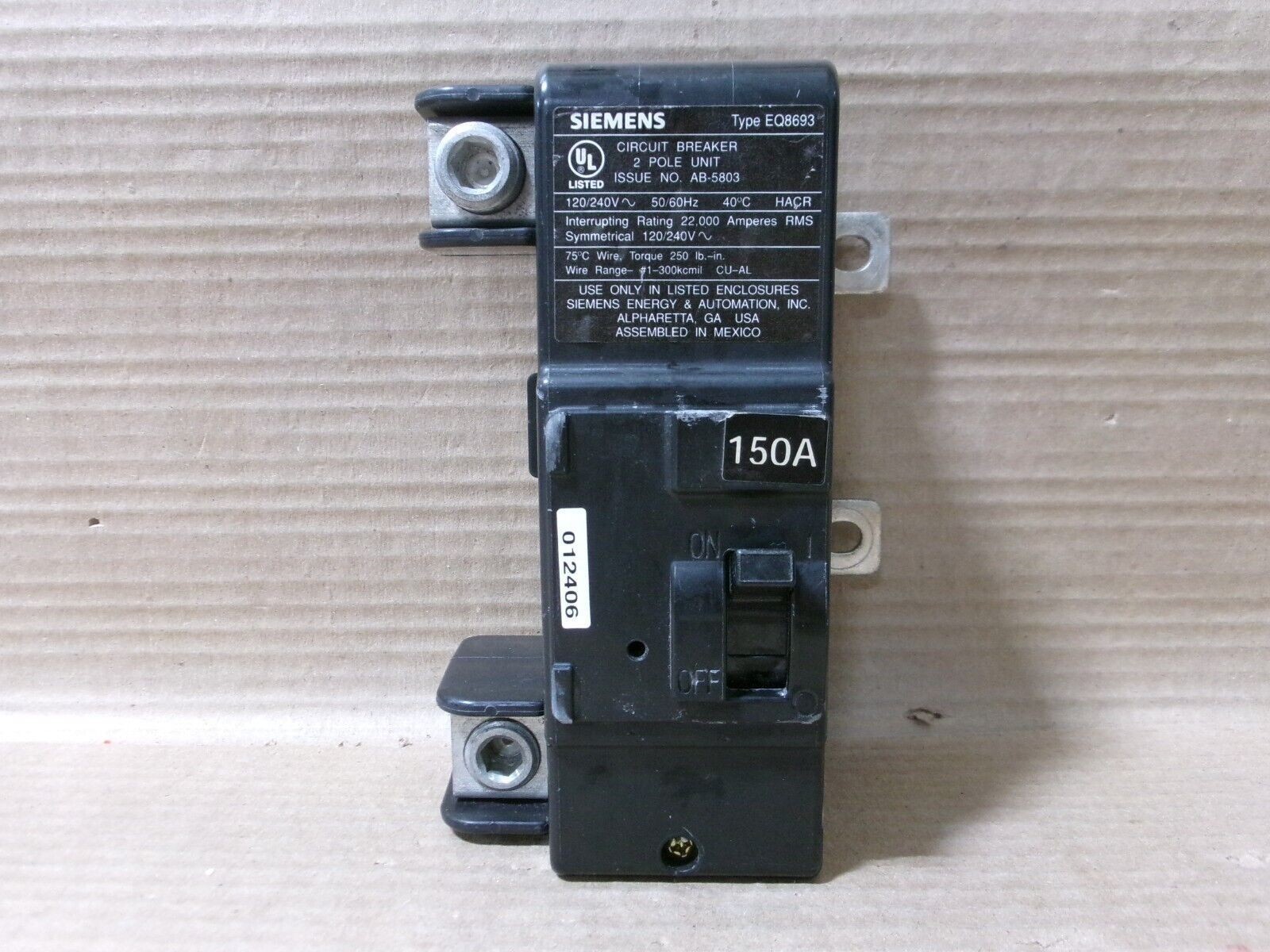 Siemens EQ8693 (MBK150A) 2 Pole 150 Amp 120/240V Circuit Breaker Black Label
