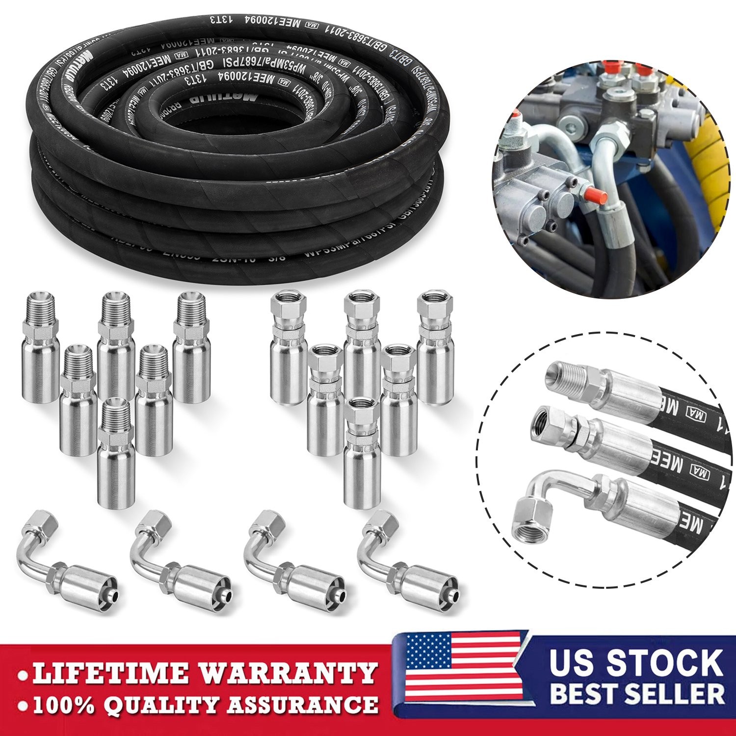 33FT 3/8″ Hydraulic Hose with 16PCS Hydraulic Hose Fittings, 2-Wire Braided Tube