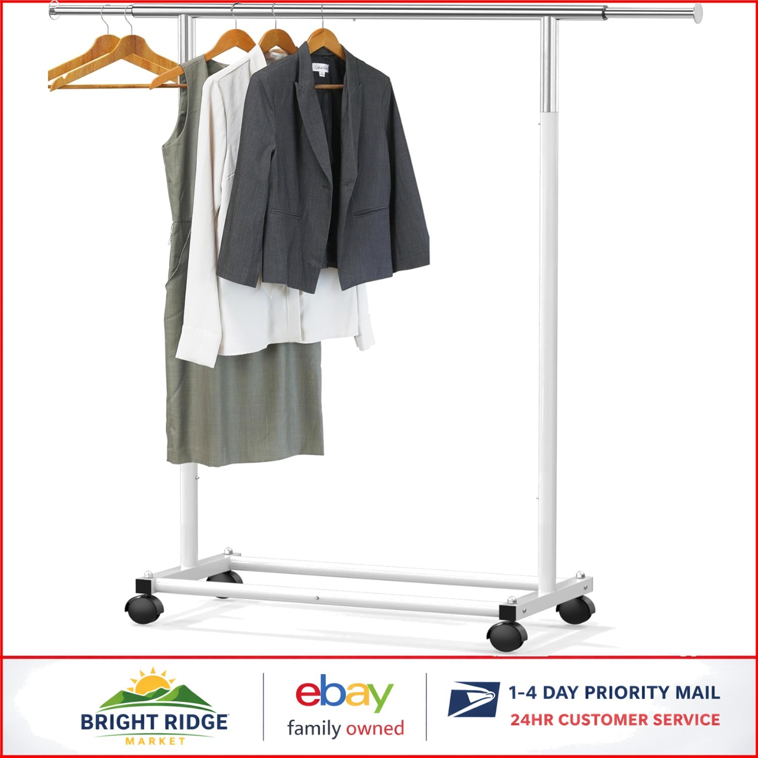 Extendable Clothing Rack with Rolling Wheels, Adjustable Width 30 to 47 Inches
