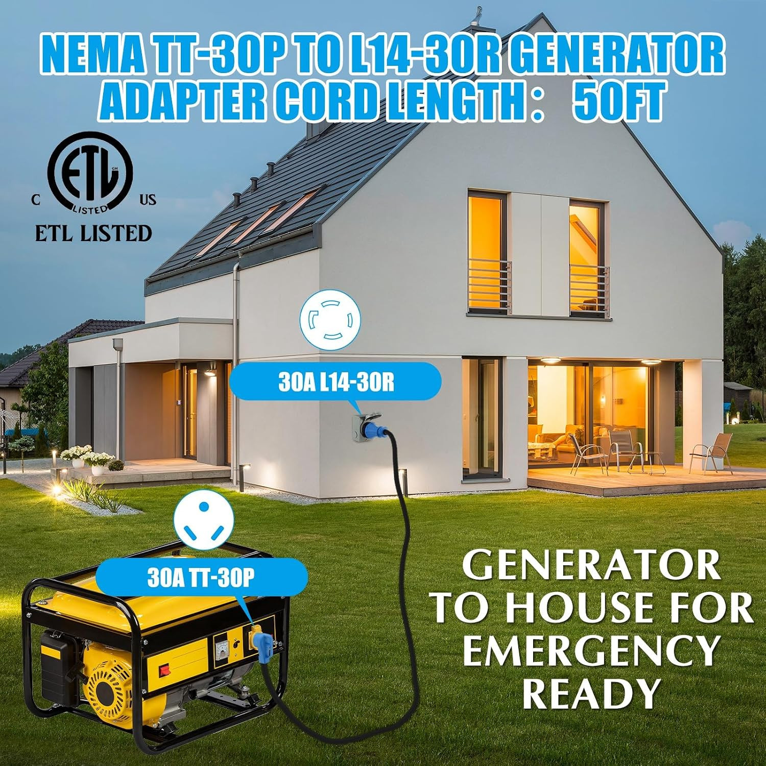10 Ft NEMA TT-30P to L14-30R Generator Transfer Switch Adapter Cord