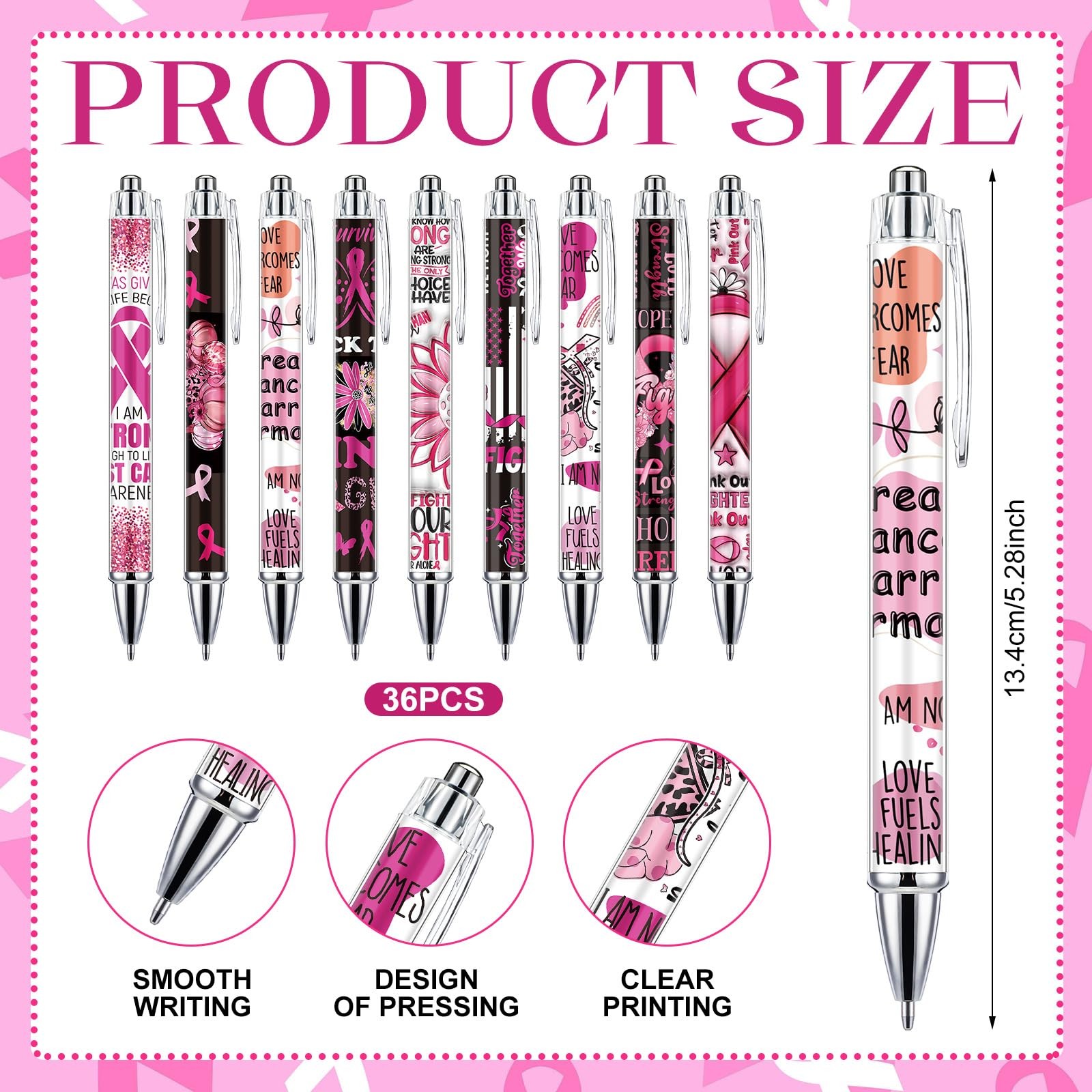 36 PCS Breast Cancer Awareness Pens Pink Ribbon Retractable Ballpoint Ink