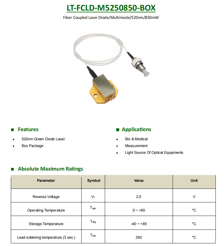 MultiMode 520nm/525nm Fiber Coupled Laser Diode Fiber Core Diamete 50μm/100μm