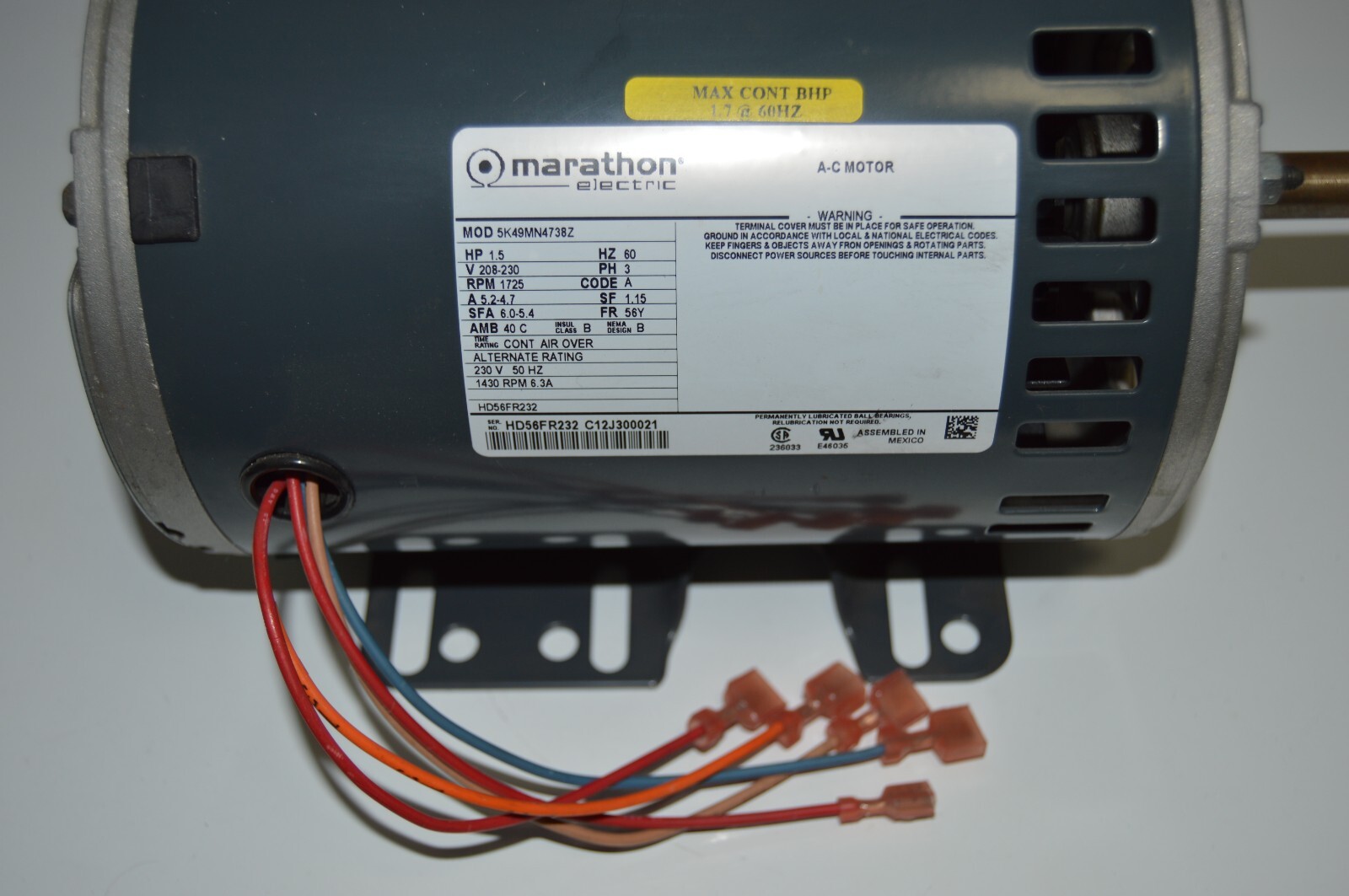Marathon Electric HD56FR232 5K49MN4738Z 56Y 208-230V 3PH 1.5HP Motor 1725 RPM