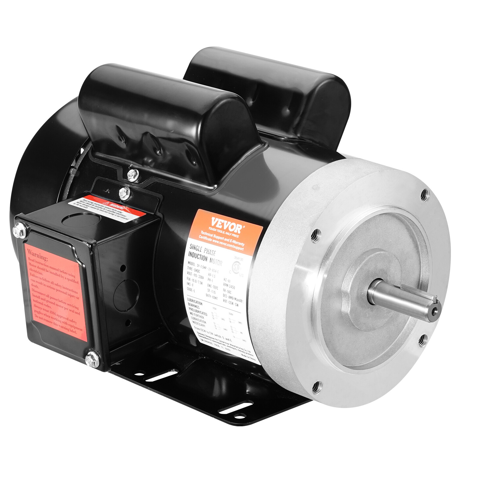 VEVOR 1.5HP Electric Motor 3450RPM 56C Frame 1-Phase 5/8″ Keyed Shaft 115V/230V