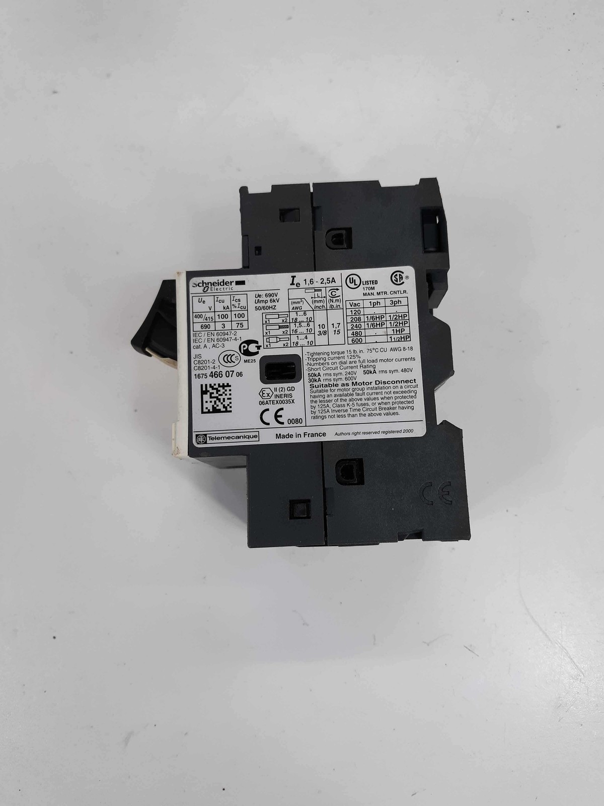 Schneider GV2ME07 Telemecanique Motor Circuit Breaker 1.6~2.5A 600VAC