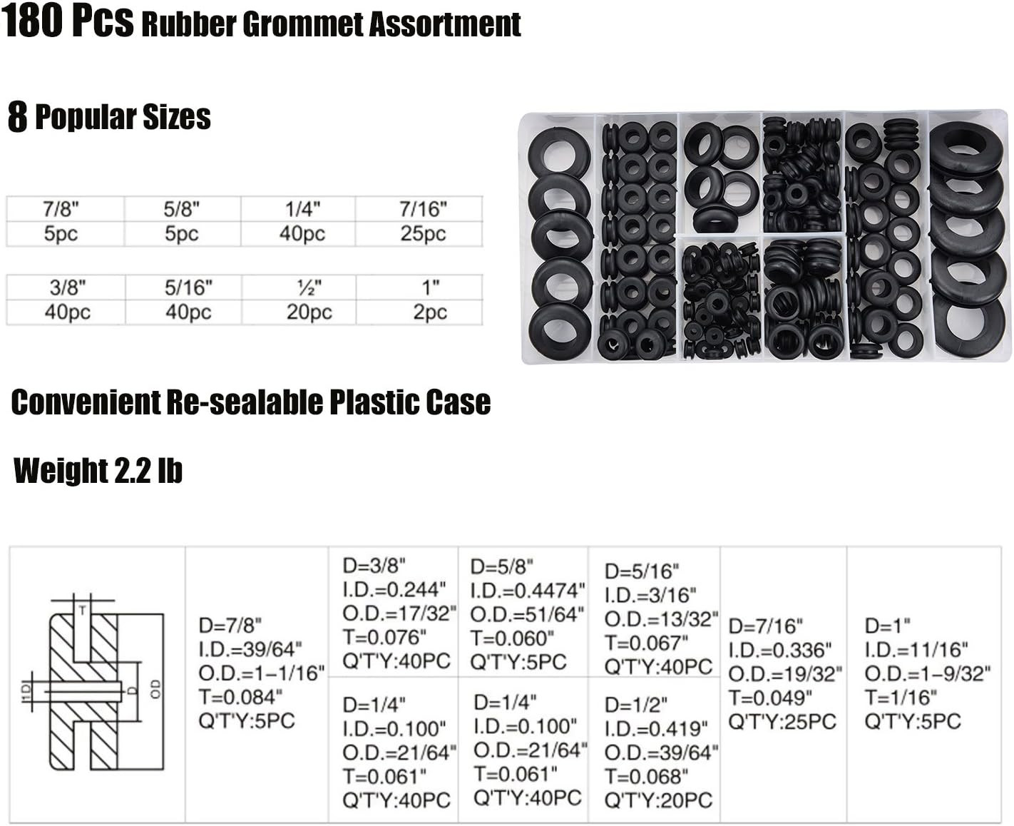 180 Pieces Rubber Grommet Assortment Kit Electrical Conductor Eyelet Ring Gasket