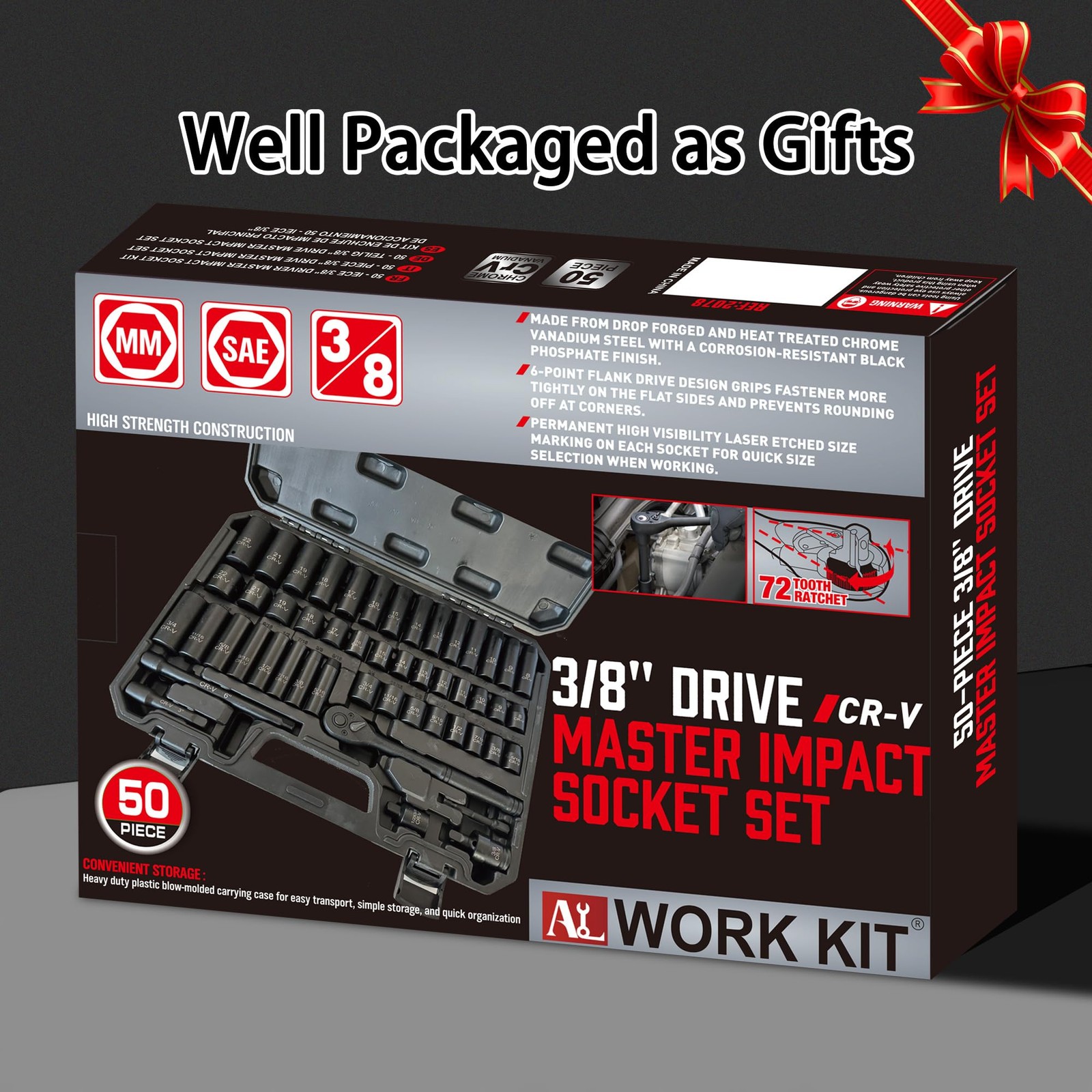 3/8″ Drive Impact Socket Set 50-Piece, SAE 50-Piece Set, Black