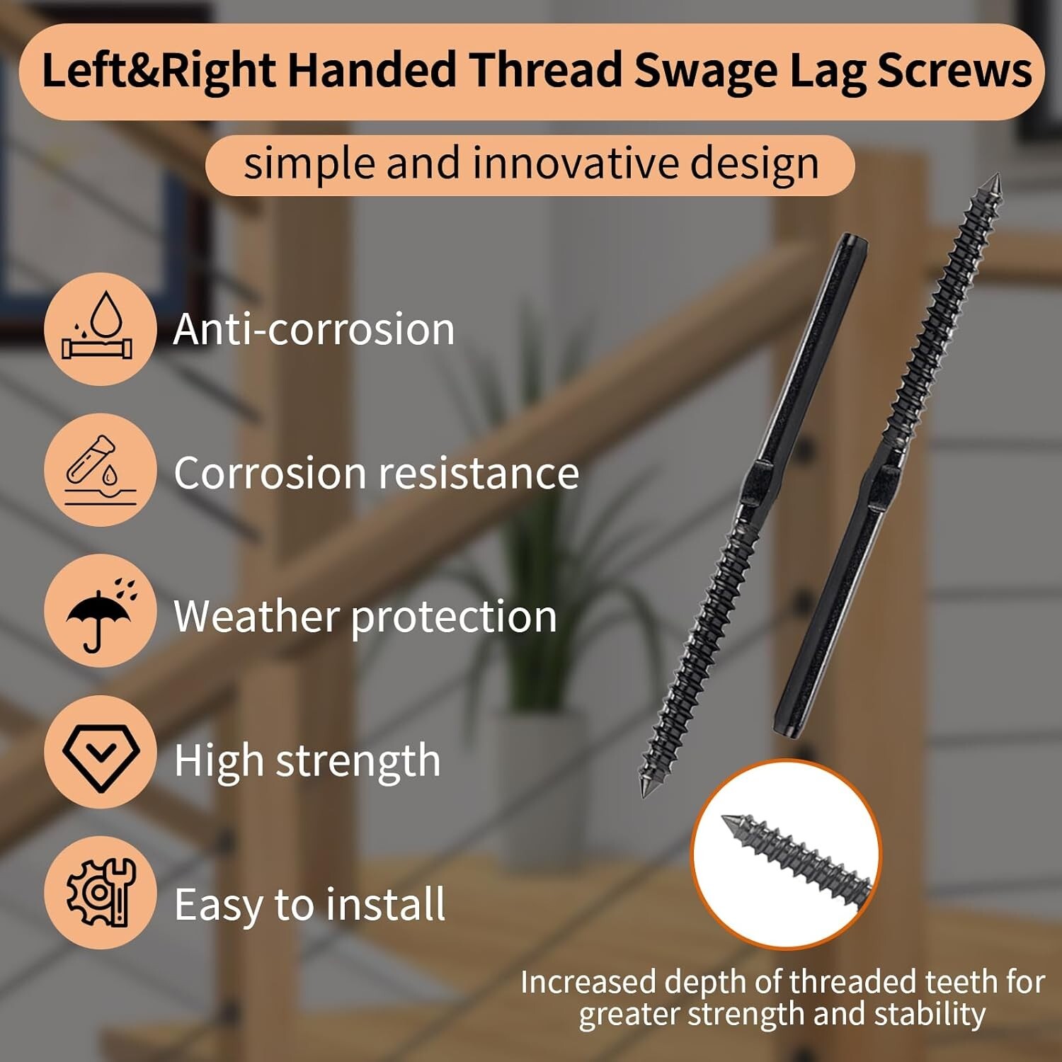 50 Kuahome 3/16″ Black Swage Lag Screws Left & Right Cable Railing Hardware Kit