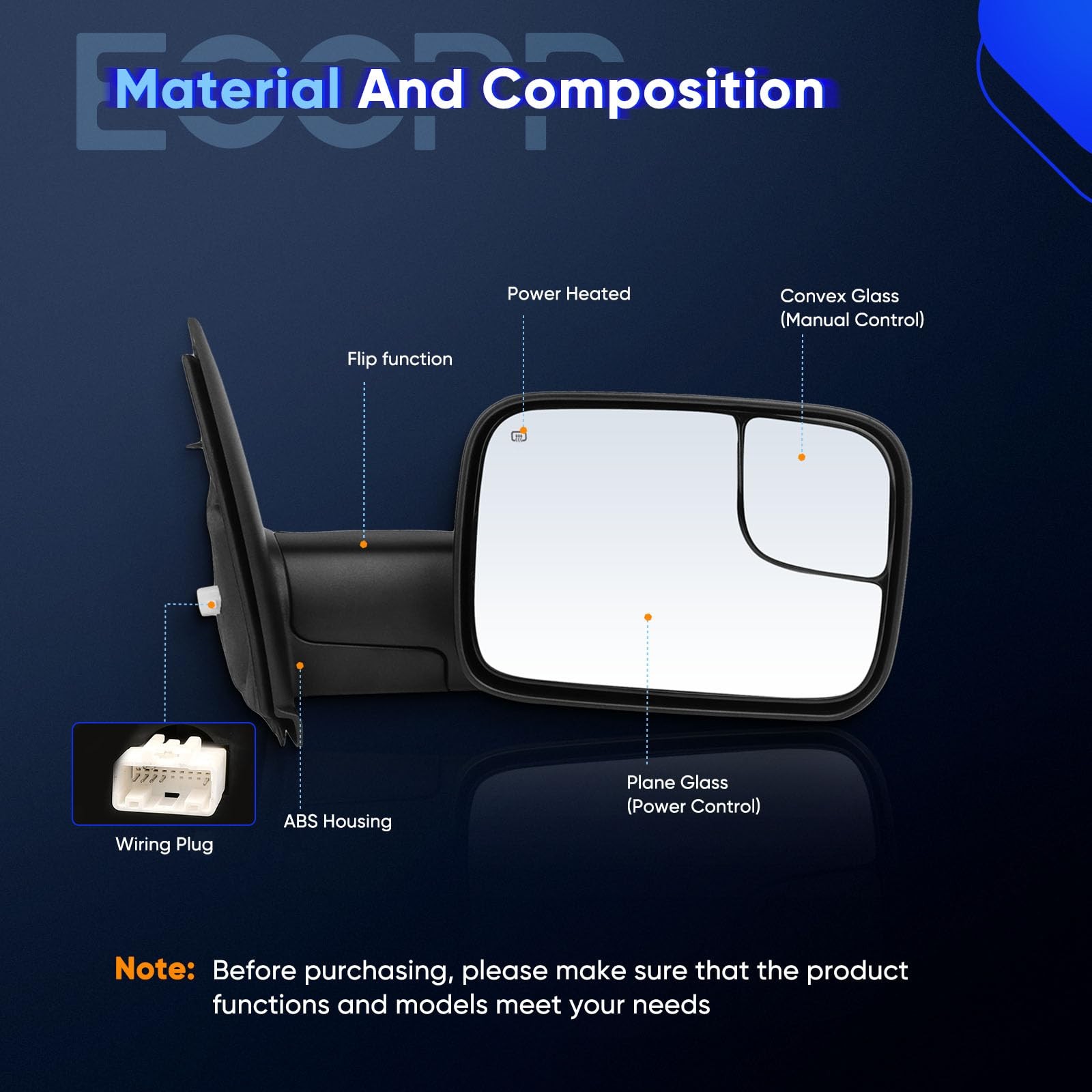 Tow Mirrors Power Heated Black No Turn Signal 1998-2001 Dodge Ram 1500 2500 3500
