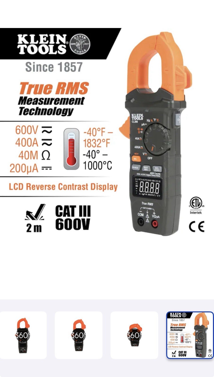 Klein Tools CL390 True RMS CAT III 600V 400A AC/DC Clamp Meter Temp 6000Ct