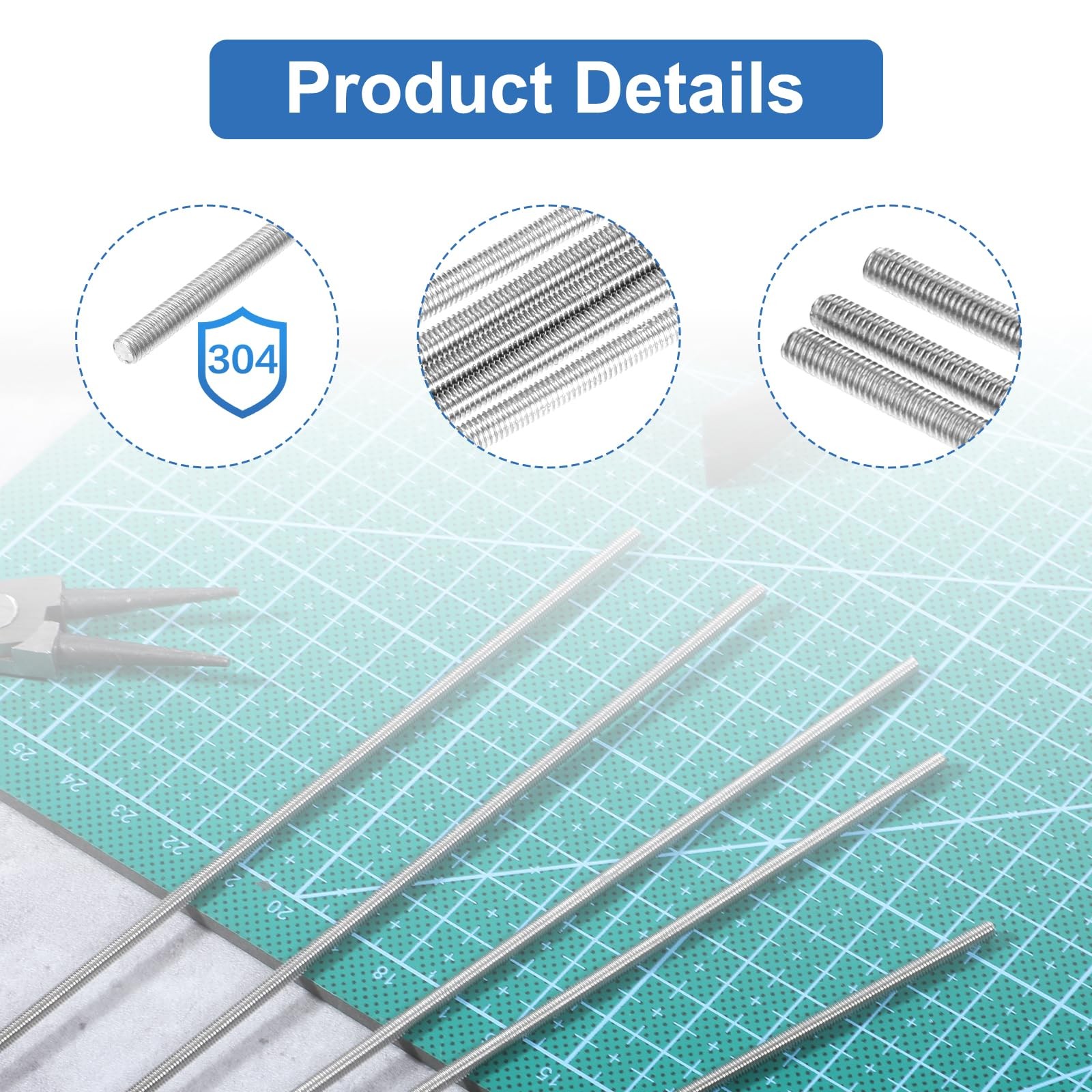M3 x 300mm Fully Threaded Rod 304 Stainless Steel Right Hand Threads 5 PCS