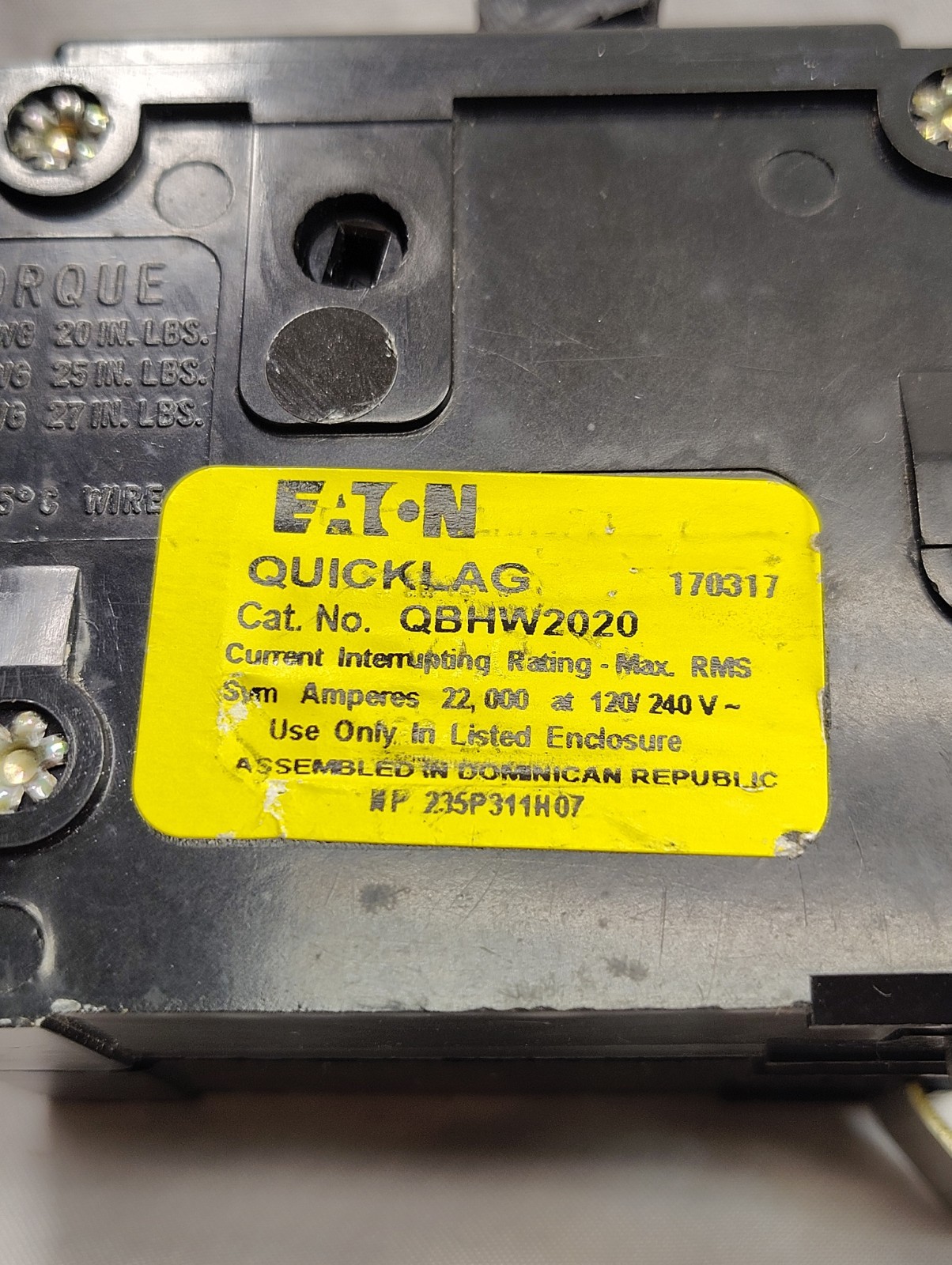Eaton Cutler Hammer QBHW2020 Circuit Breaker, 2 Pole 20A 240V