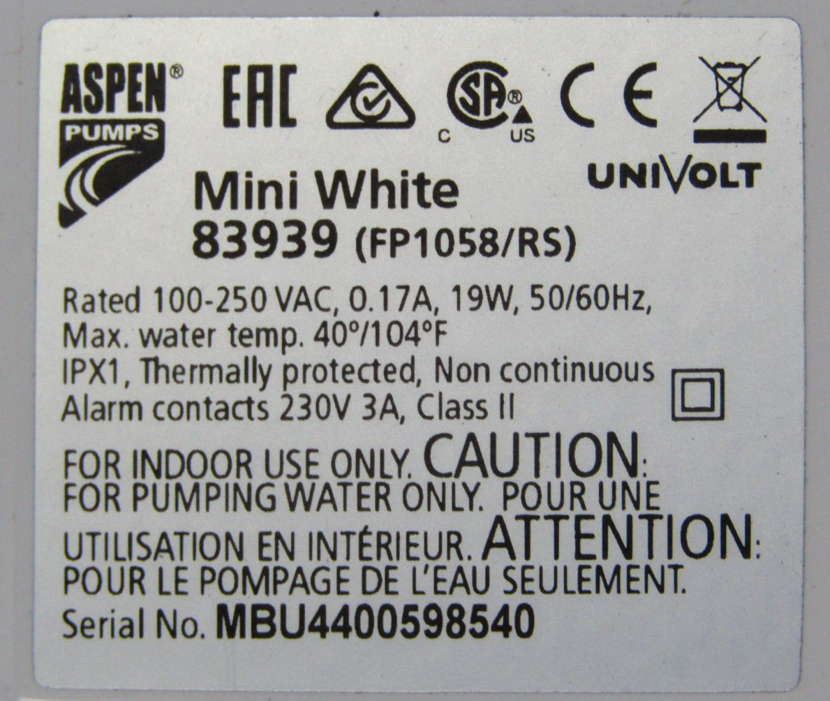 🙌 NEW ASPEN PUMP 0.17 AMP MINI WHITE CONDENSATE PUMP 100-250 VAC 83939