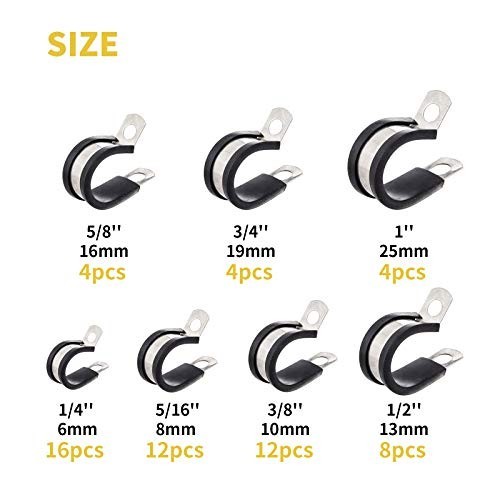 60pcs Stainless Steel Wire Clamps Assortment Kit 7 Sizes 1/4 to 1 Inch Rubber