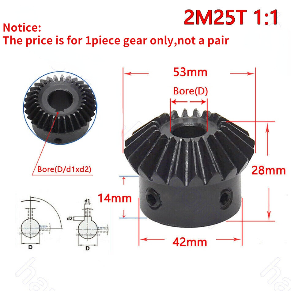 Mod 1/1.5/2 90° Pairing Bevel Gear 1:1/1:2 15T-30T Bore 5/6/6.35/8/10/12/14-25mm