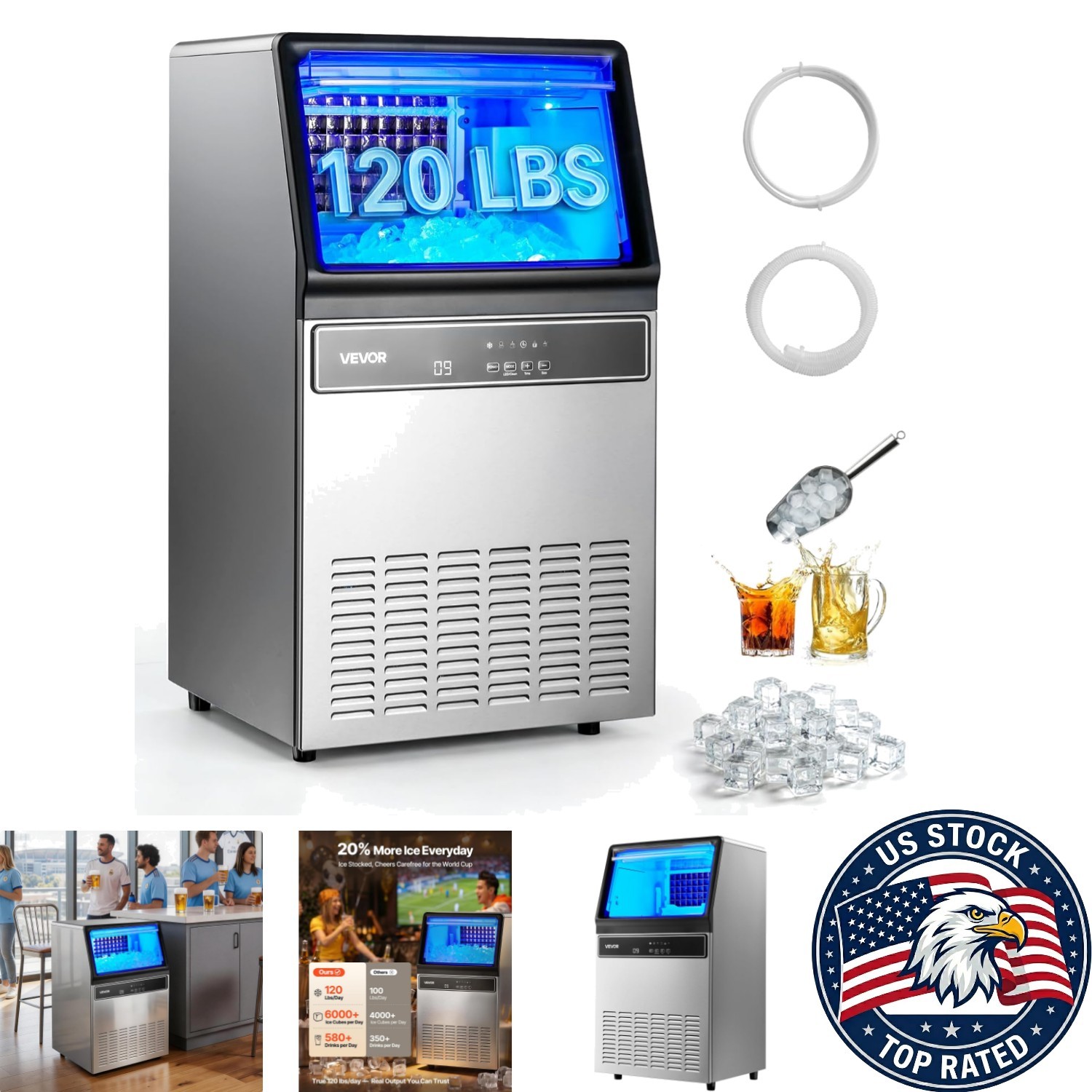 Stainless Steel Commercial Ice Maker – 120 lbs Daily Production & Self-Cleaning