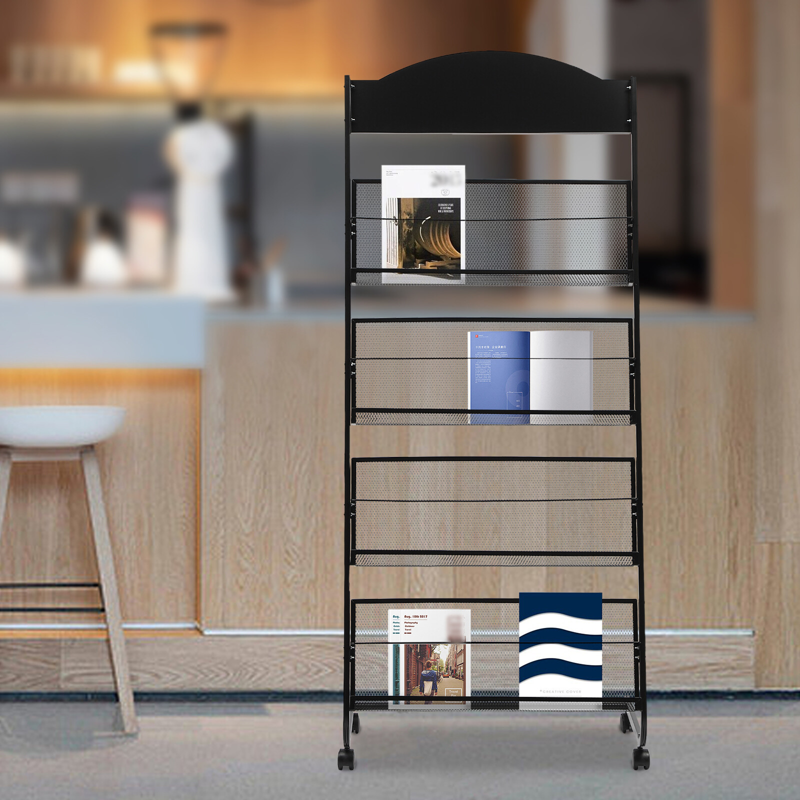 4-Tier Metal Wheeled Magazine Book Rack Newspaper Brochure Storage Display Stand