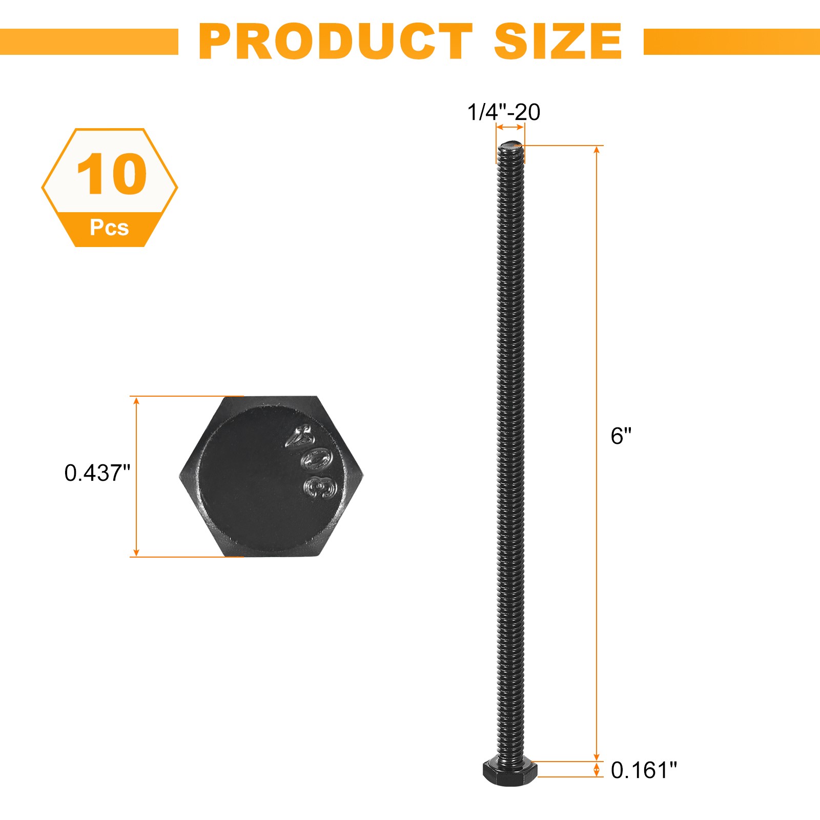 10Pcs 1/4-20 x 6″ Hex Head Bolts, 304 Stainless Steel Hex Head Screw, Black