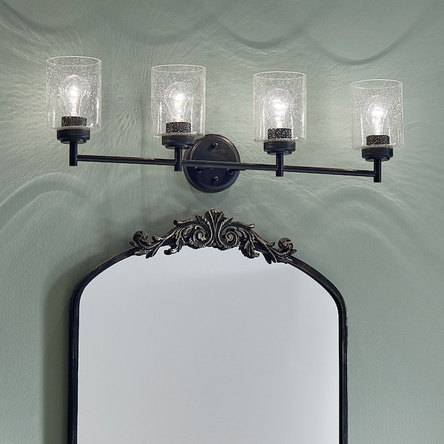 KICHLER Winslow 30″ 4-Light Black Contemporary Bathroom Light with Seeded Glass