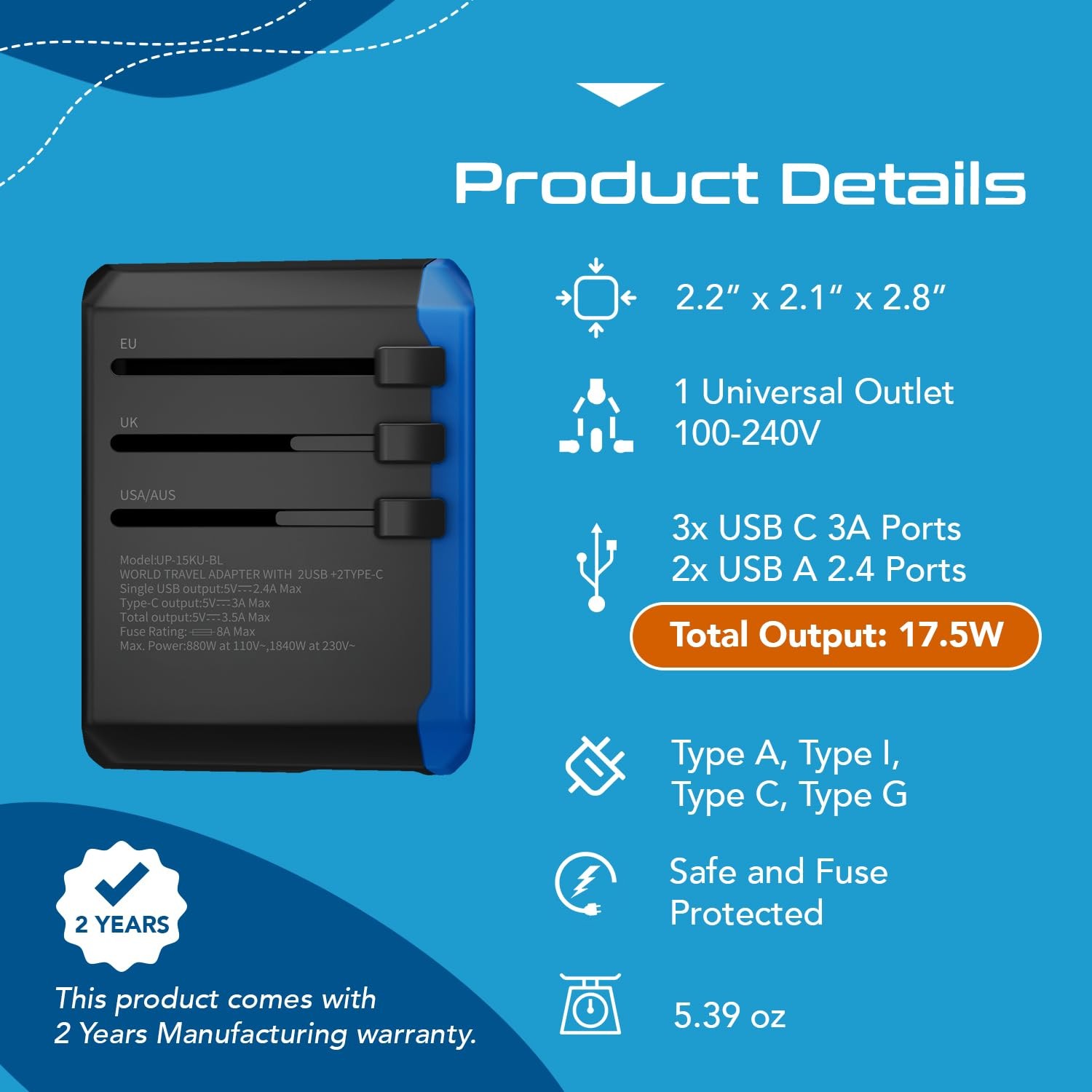 Ceptics Universal Travel Adapter, 5 in 1 Universal Laptop Charger with 2X USB…