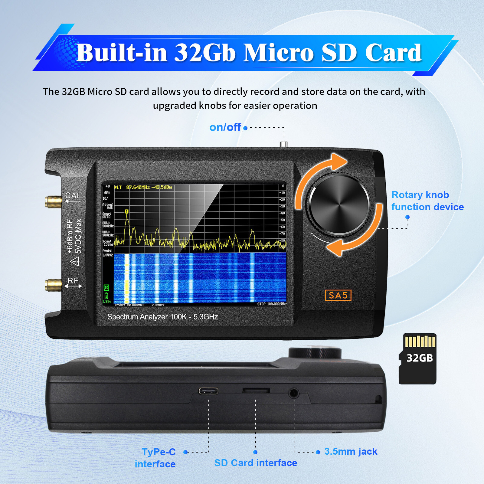 4 Inch IPS LCD SA5 100K-5.3GHz Handheld Spectrum Analyzer Signal Generator US
