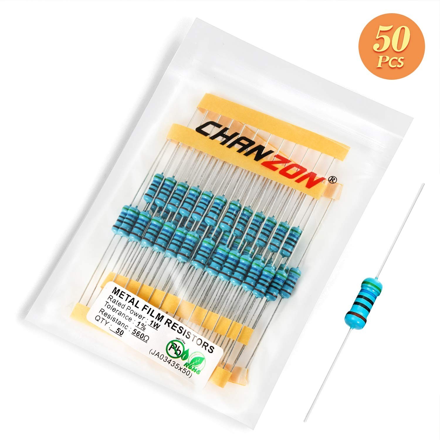 50pcs 1W 560 Ω ohm Metal Film Fixed Resistor 0.01 ±1% Tolerance 560R MF Throu…