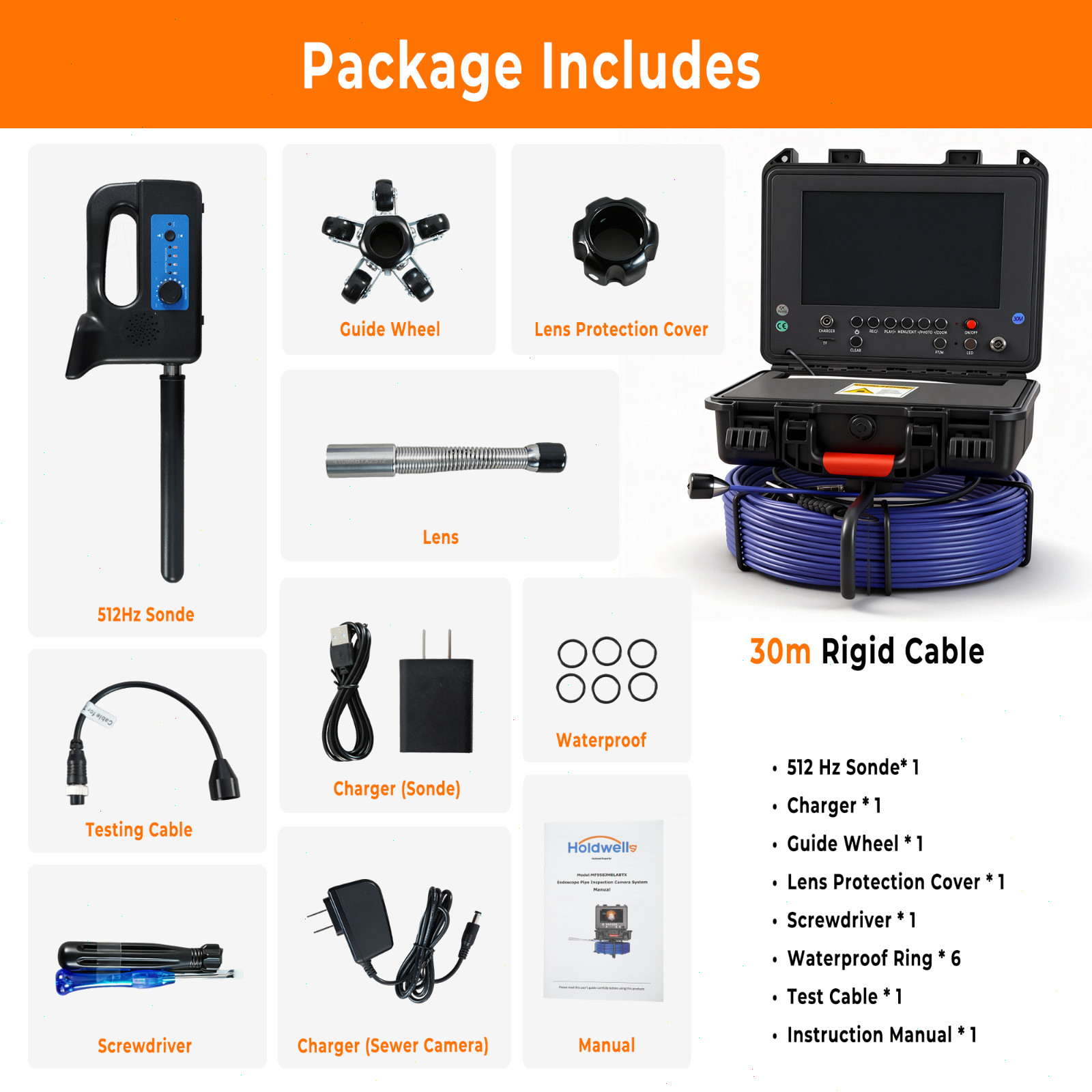 9 In Self-Leveling Sewer Camera 100ft Pipe Inspection Camera w/ 512Hz Locator