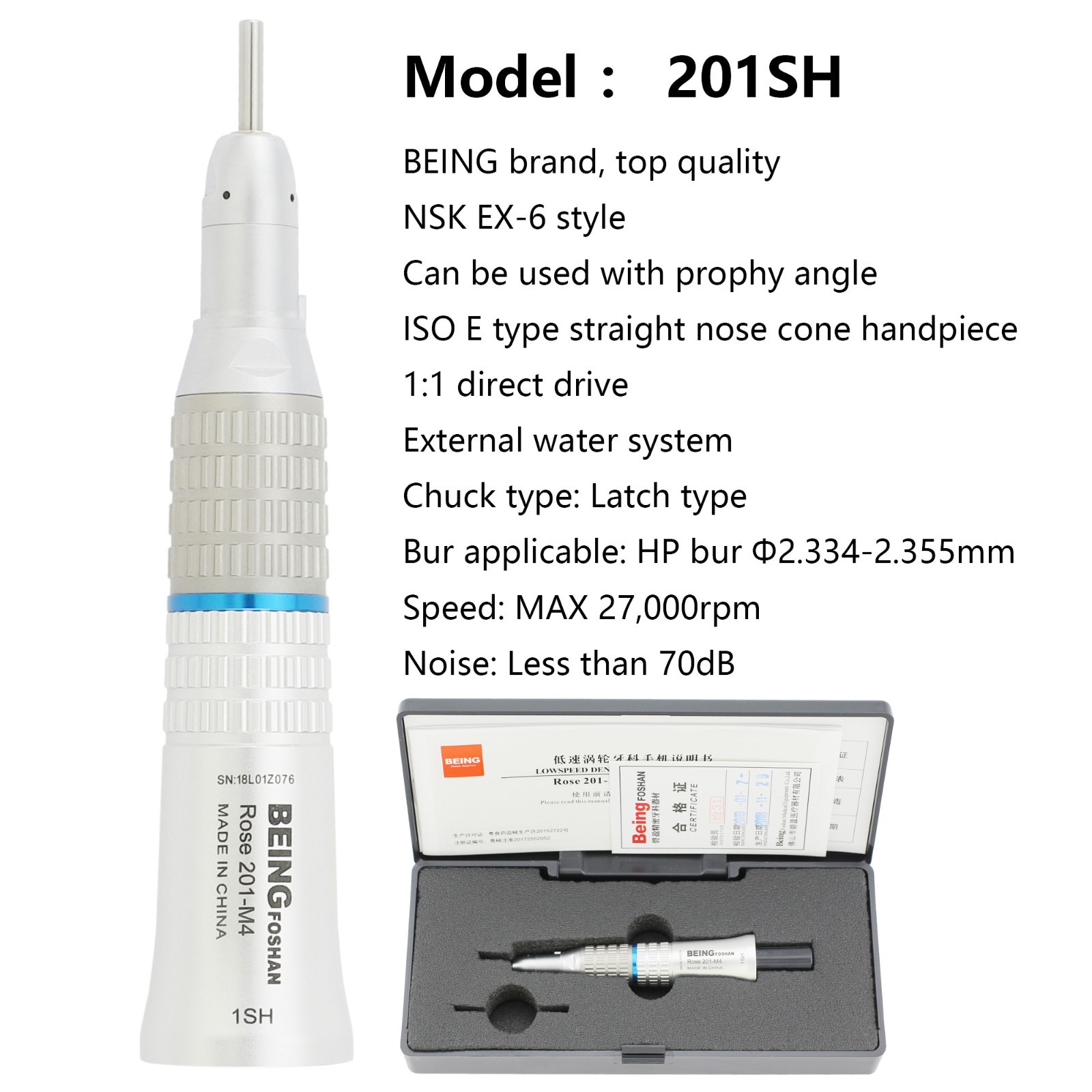 BEING Dental Slow Low Speed Handpiece Straight Nose Cone Fiber Optic KAVO 201SH