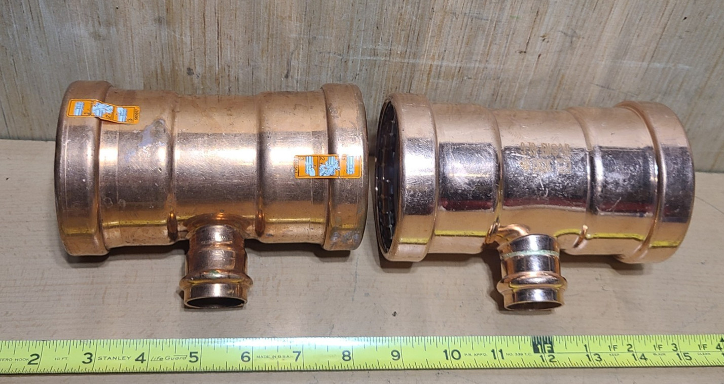 LOT OF (2) 3″x3″x1″ Copper Press Crimp Tee Fitting (1) Viega 22308 (1) Unknow