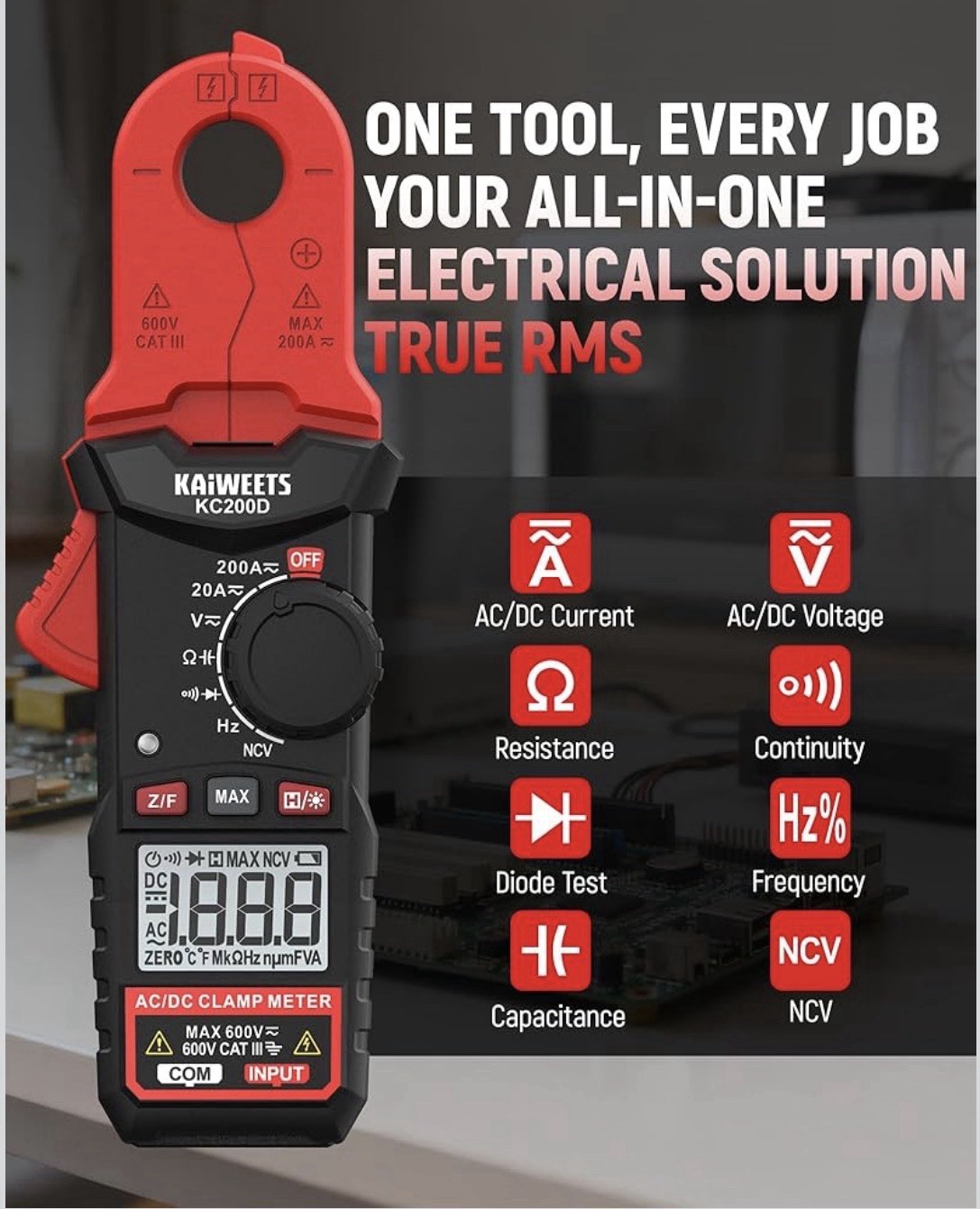 KAIWEETS KC200D 1000A True RMS AC/DC Clamp Meter Multimeter VFD LoZ Inrush NCV