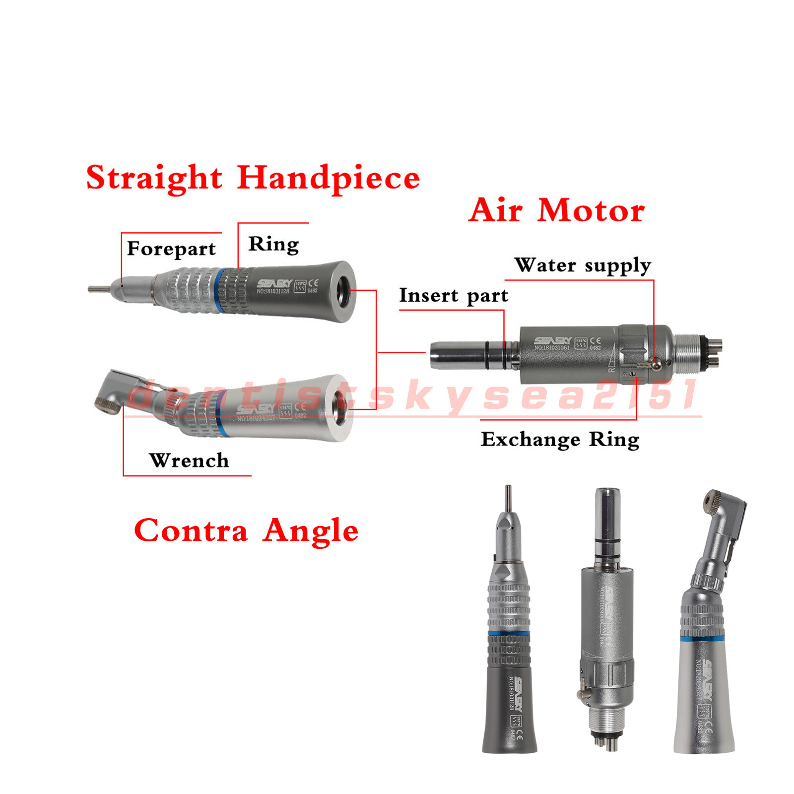 SEASKY Dental Slow Low Speed Handpiece Straight Contra Angle Air Motor 4/2Holes