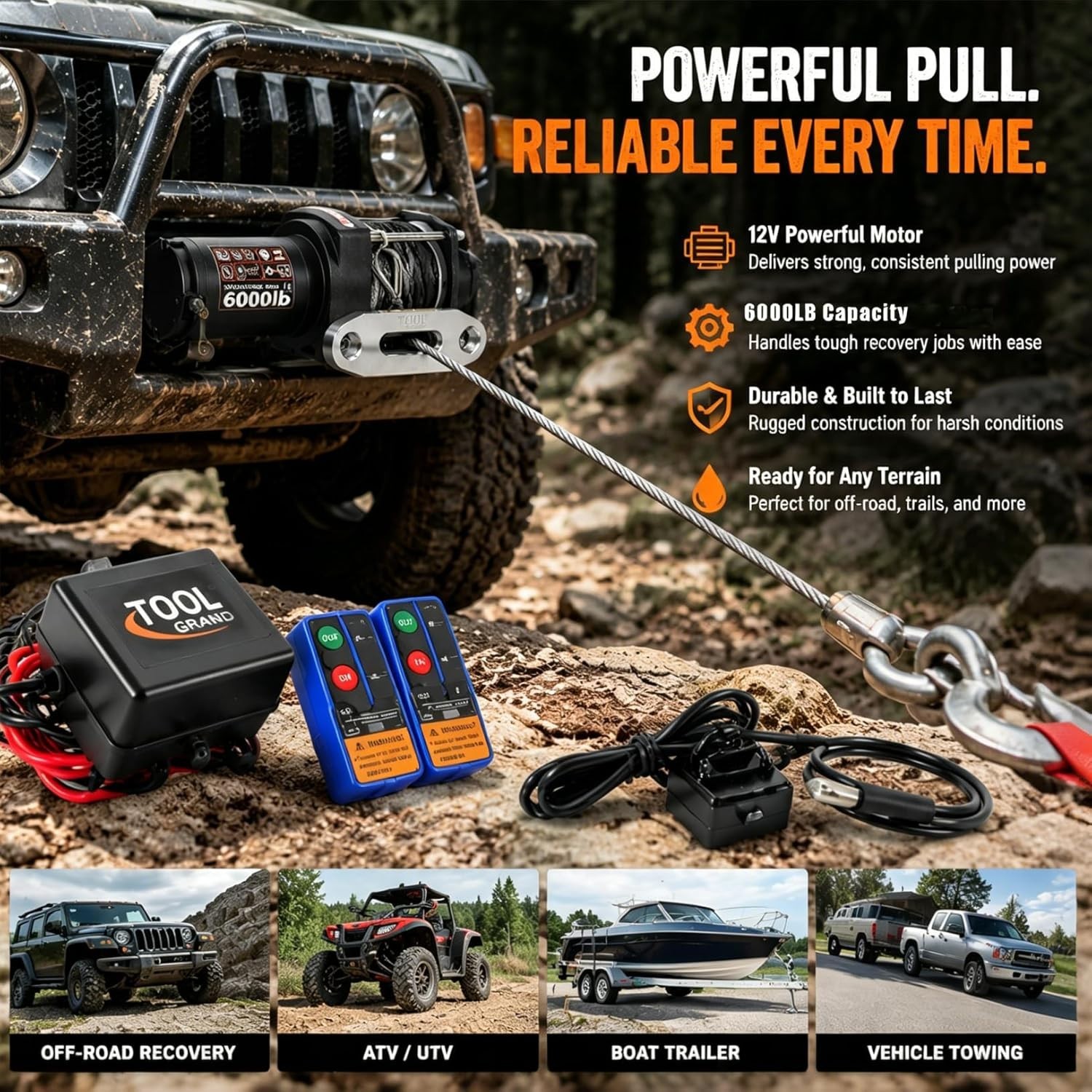 6000 lbs Waterproof Electric Winch, 12V DC Steel Rope Trailer Winch
