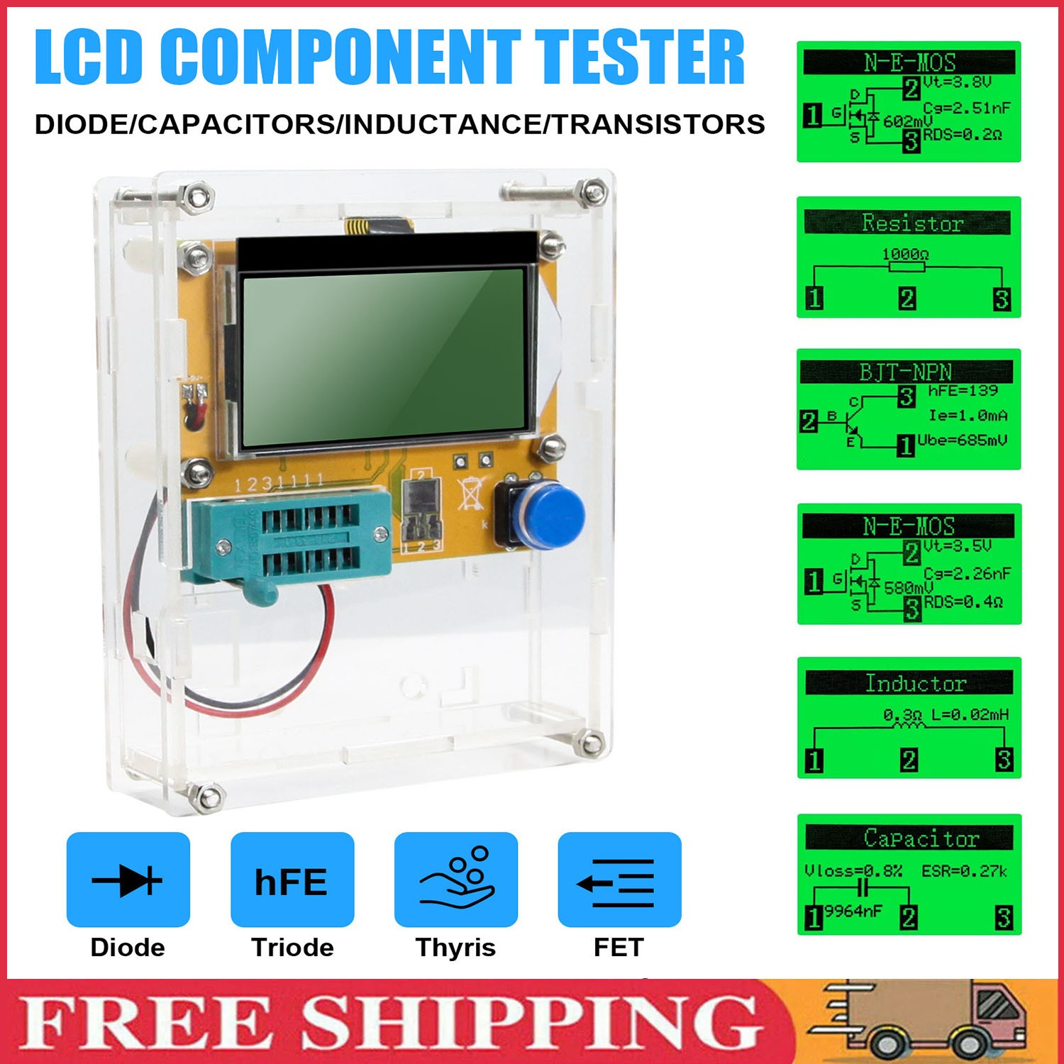 Digital LCD Component Tester Transistor Diode Capacitor Inductor Resistor Meter，