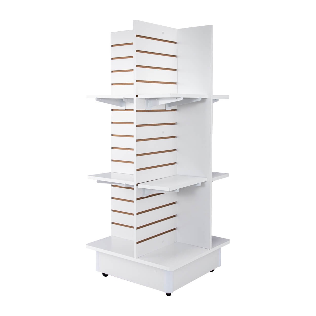 4 Panel White Slatwall Tower Casters and Shelves 23″ x 23″ x 54″