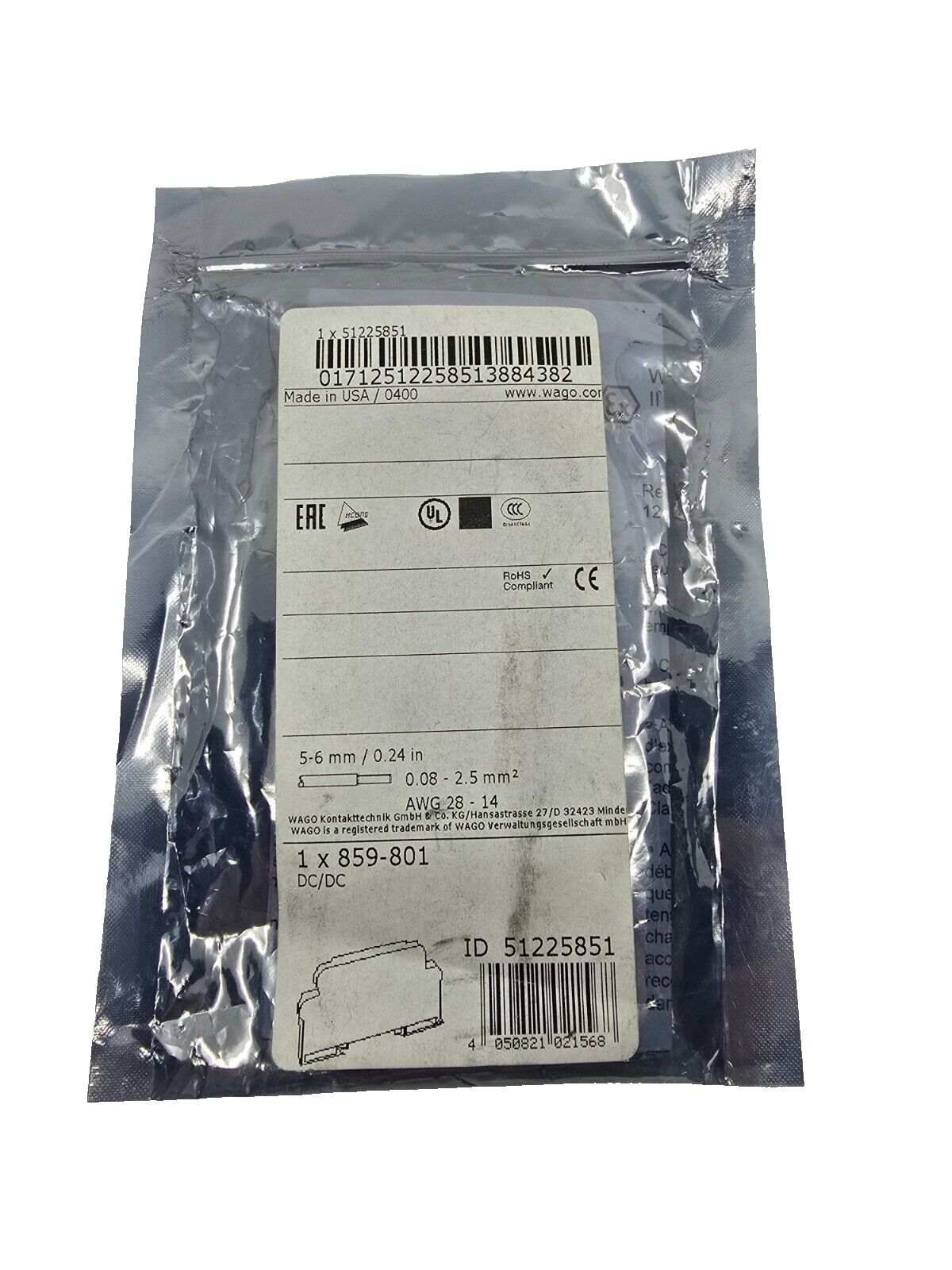 Wago 1 x 859-801 DC/DC 5-6 mm / 0.24 in 0.08 – 2.5 mm AWG 28- 14