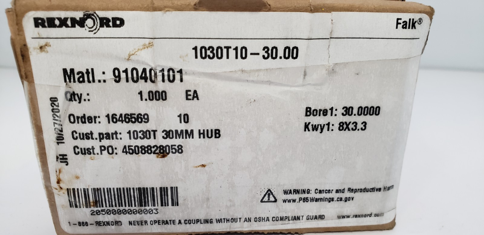 REXNORD FALK 1030T10-30.00 HUB, 30mm HUB, KWY1: 8X3.3, NIB