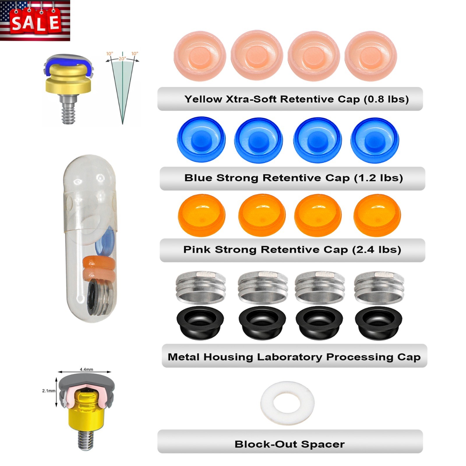 US Dental Locator Abutment Overdenture Retention Male Caps Inserts Metal Housing