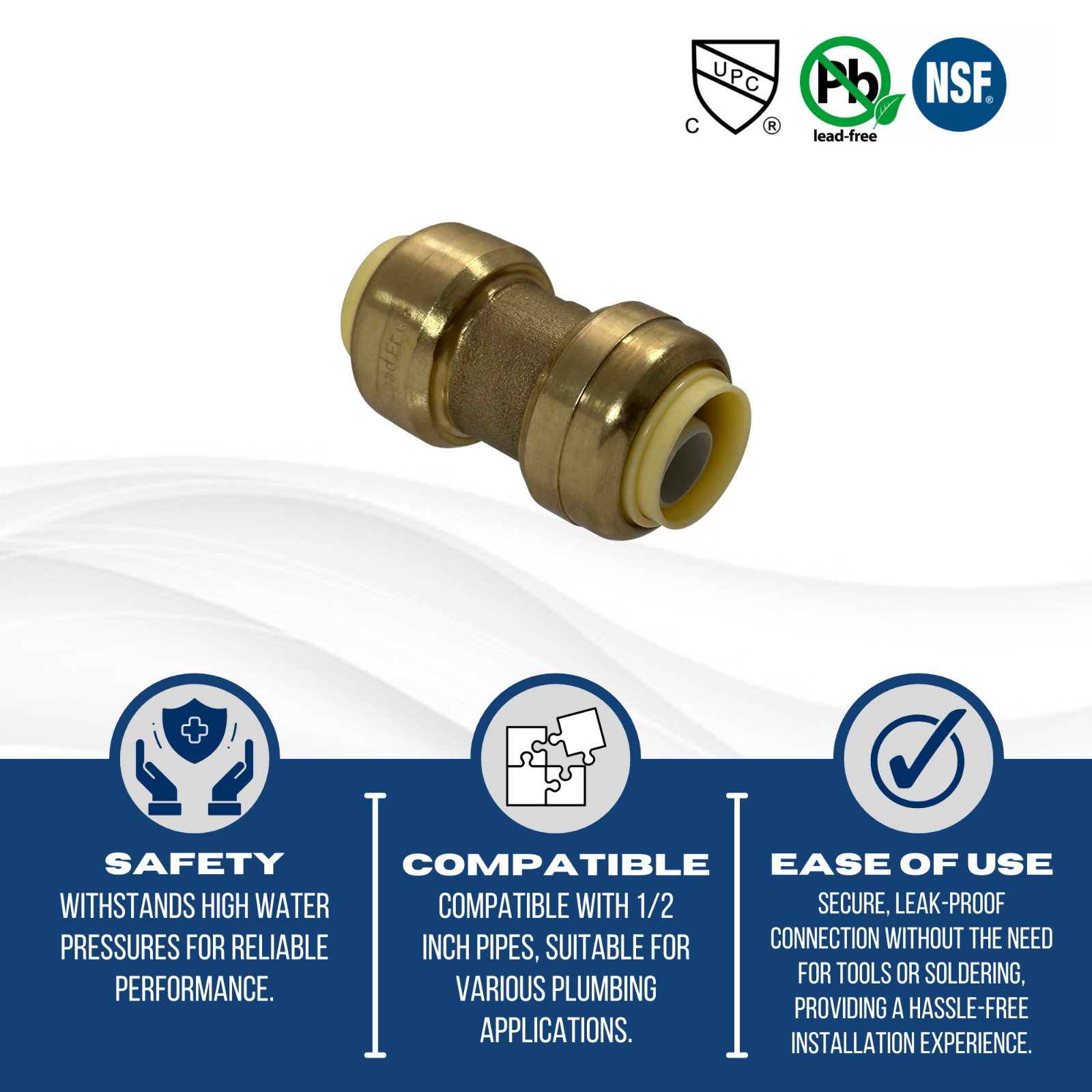 25 PIECES 1/2″ PUSH FIT COUPLINGS FITTINGS, LEAD FREE BRASS, FULL PORT