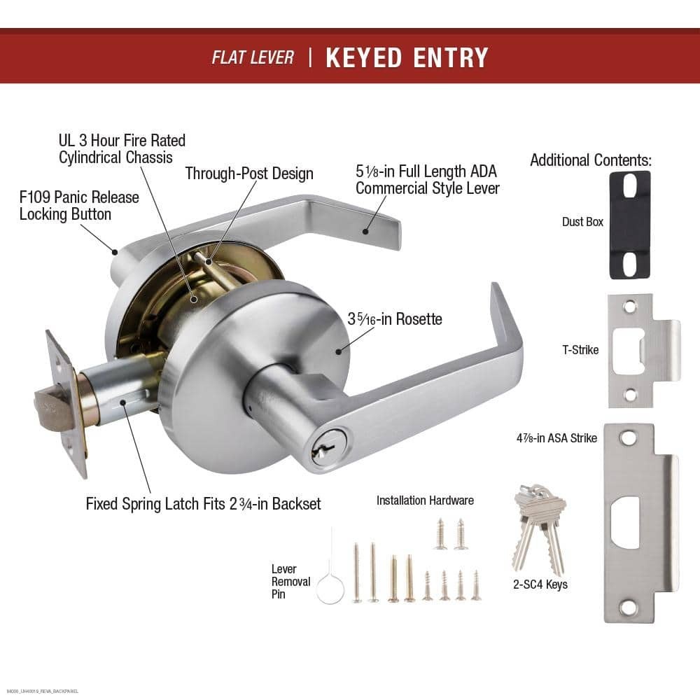 Universal Hardware Commercial Flat Lever Keyed Entry Satin Chrome Finish UH40019