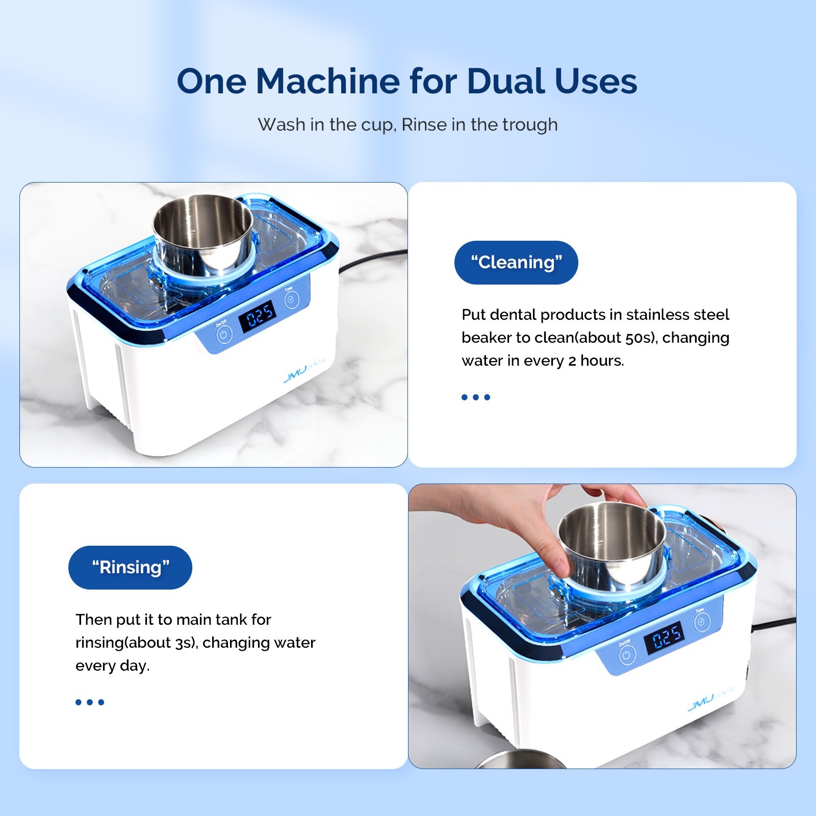 JMU 800ml White Ultrasonic Cleaner Machine For Dentures Burs Dental