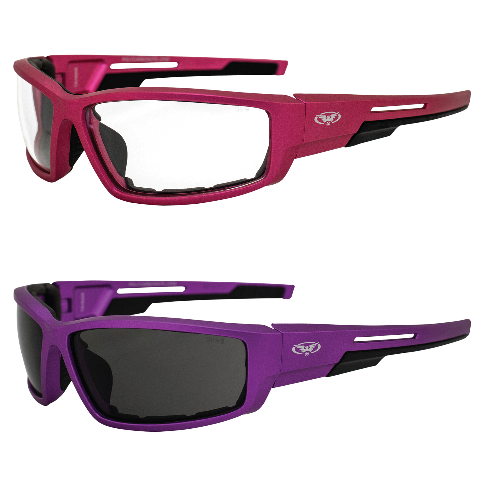 Global Vision Sly Padded Motorcycle Glasses 2 Pair Pink Purple Clear/Smoke Lens