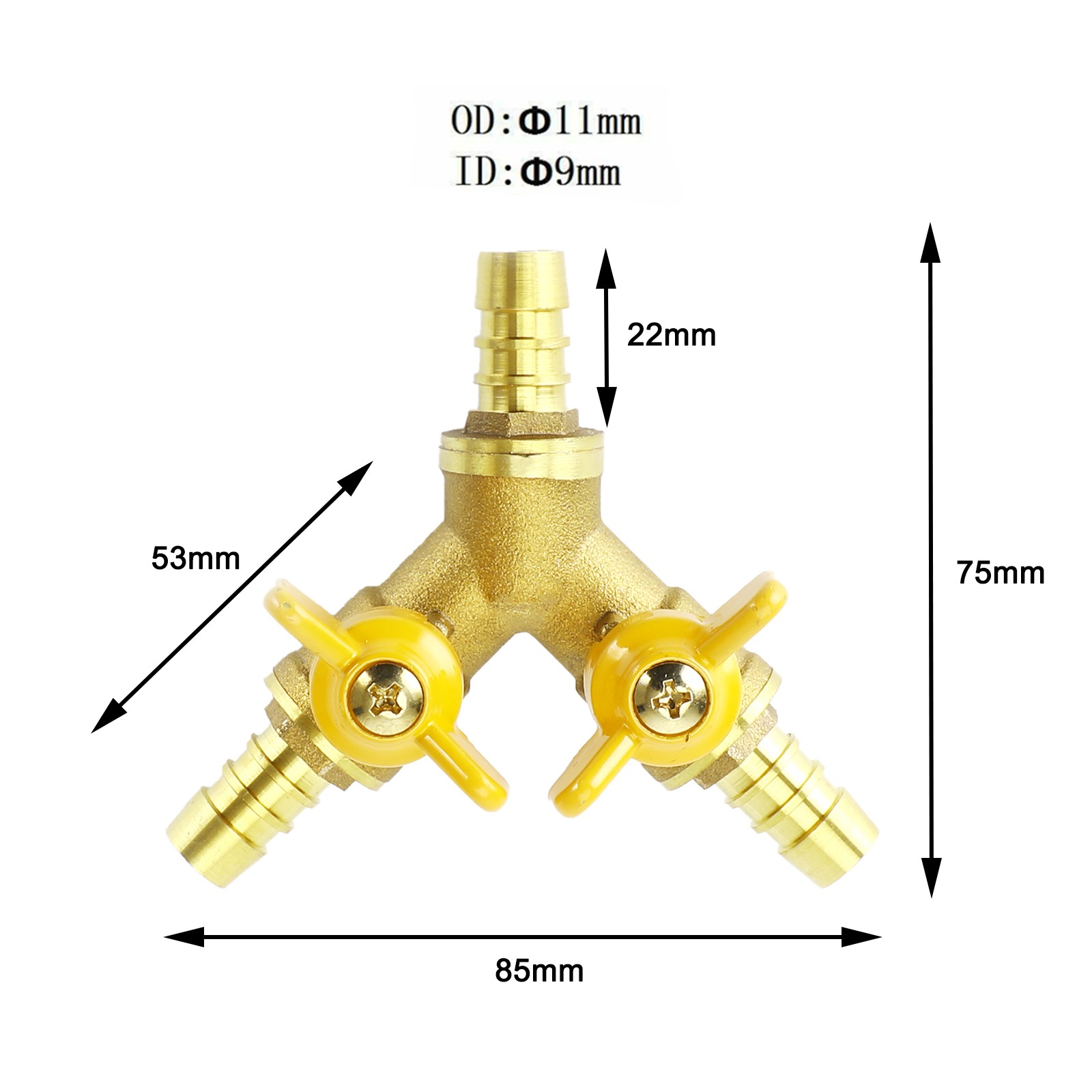 3/8″ Hose Barb Ball Valve Y Shaped 3 Way Connector Barb Brass Fitting OD 11mm US
