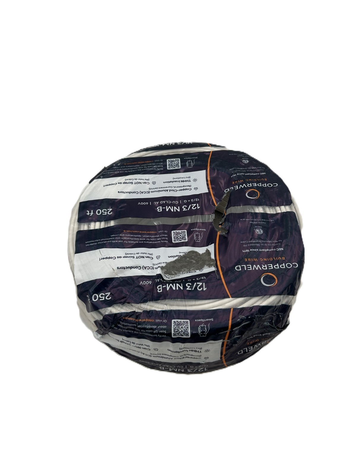 Copperweld 12/3 NM-B Solid Copper Clad Aluminum Wire 250ft 600V