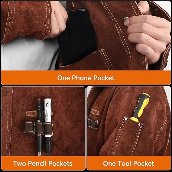 JASIC Leather Welding Jacket Split Cowhide Flame Resistant for Heavy Duty Welder