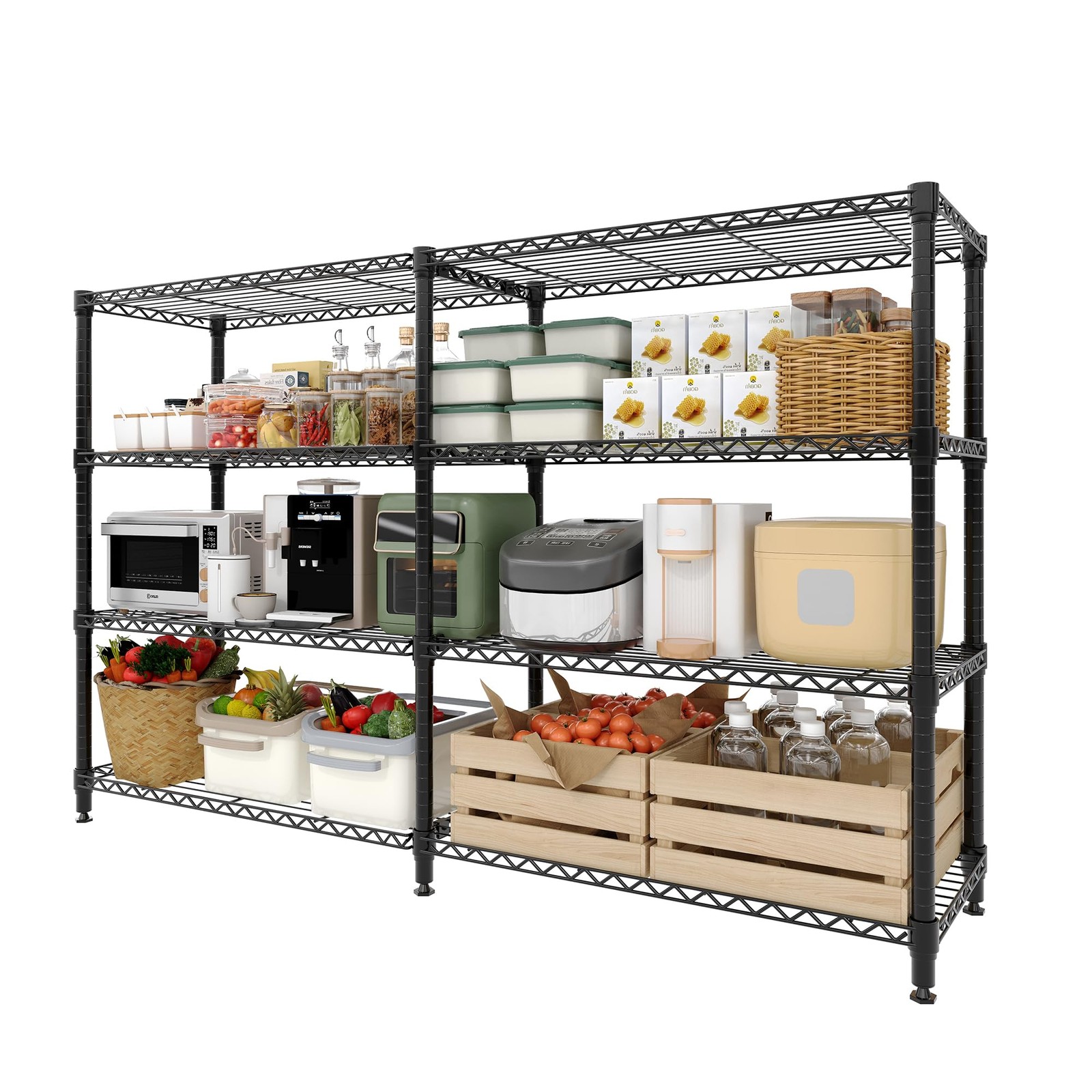 4-Tier Carbon Steel Wire Storage Shelving Double Row Heavy Duty Rack